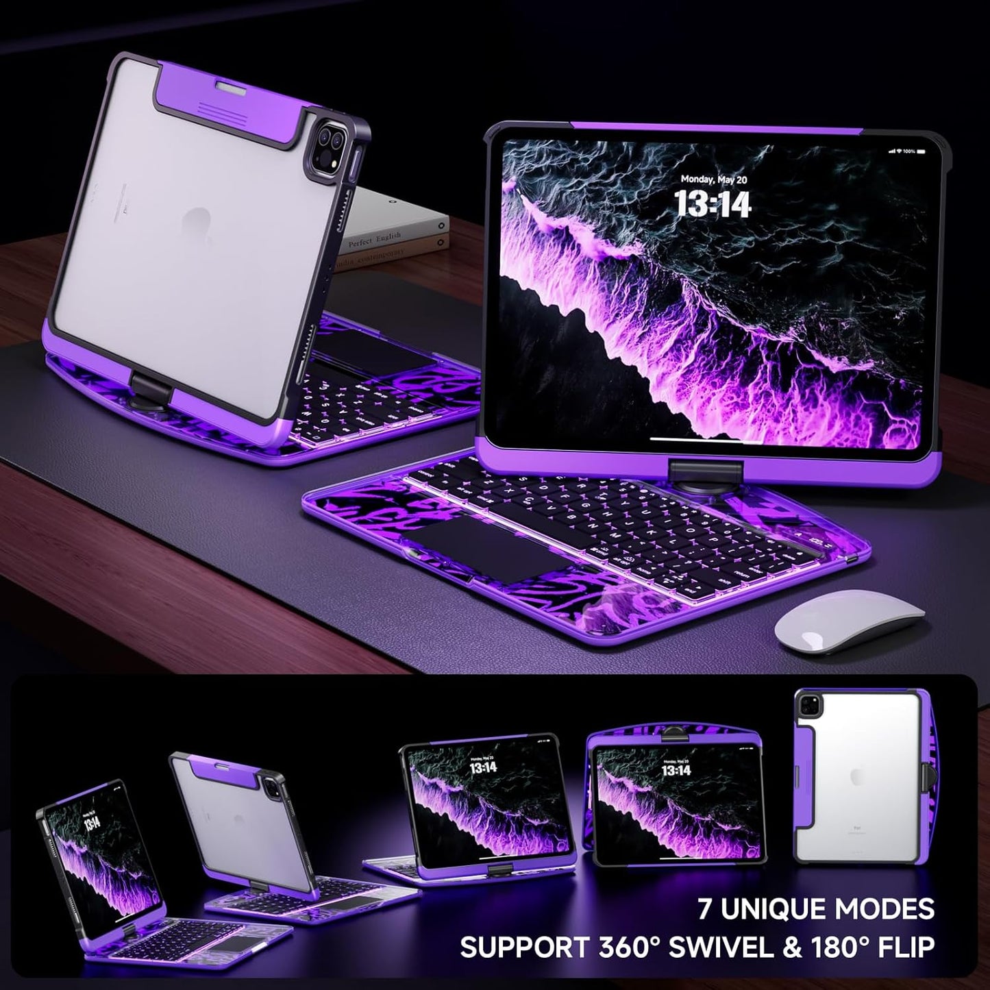 Transparent Case with Keyboard for 2024 iPad Pro 13 inch (M4), iPad Pro 13,7-Color Backlit,Magic Wireless Keyboard, 360°Rotating,Multi-Touch trackpad,Pencil Holder,with Shortcuts,Purple
