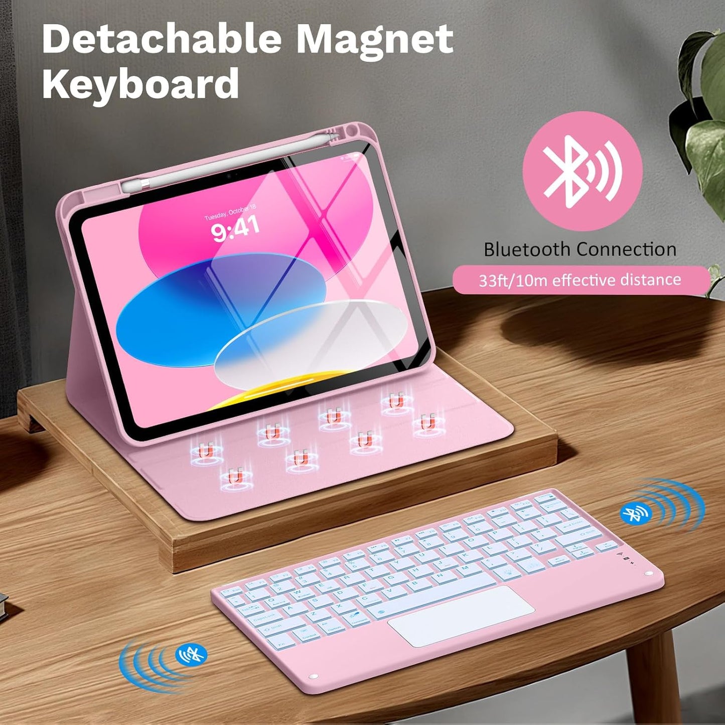 MoKo Touch Keyboard Case for iPad (A16) 11th Generation 11 inch 2025, iPad 10th Generation 10.9 inch Case with Pencil Holder, 7 Colors Backlit Multi-TrackPad Detachable Bluetooth Keyboard, Water Color