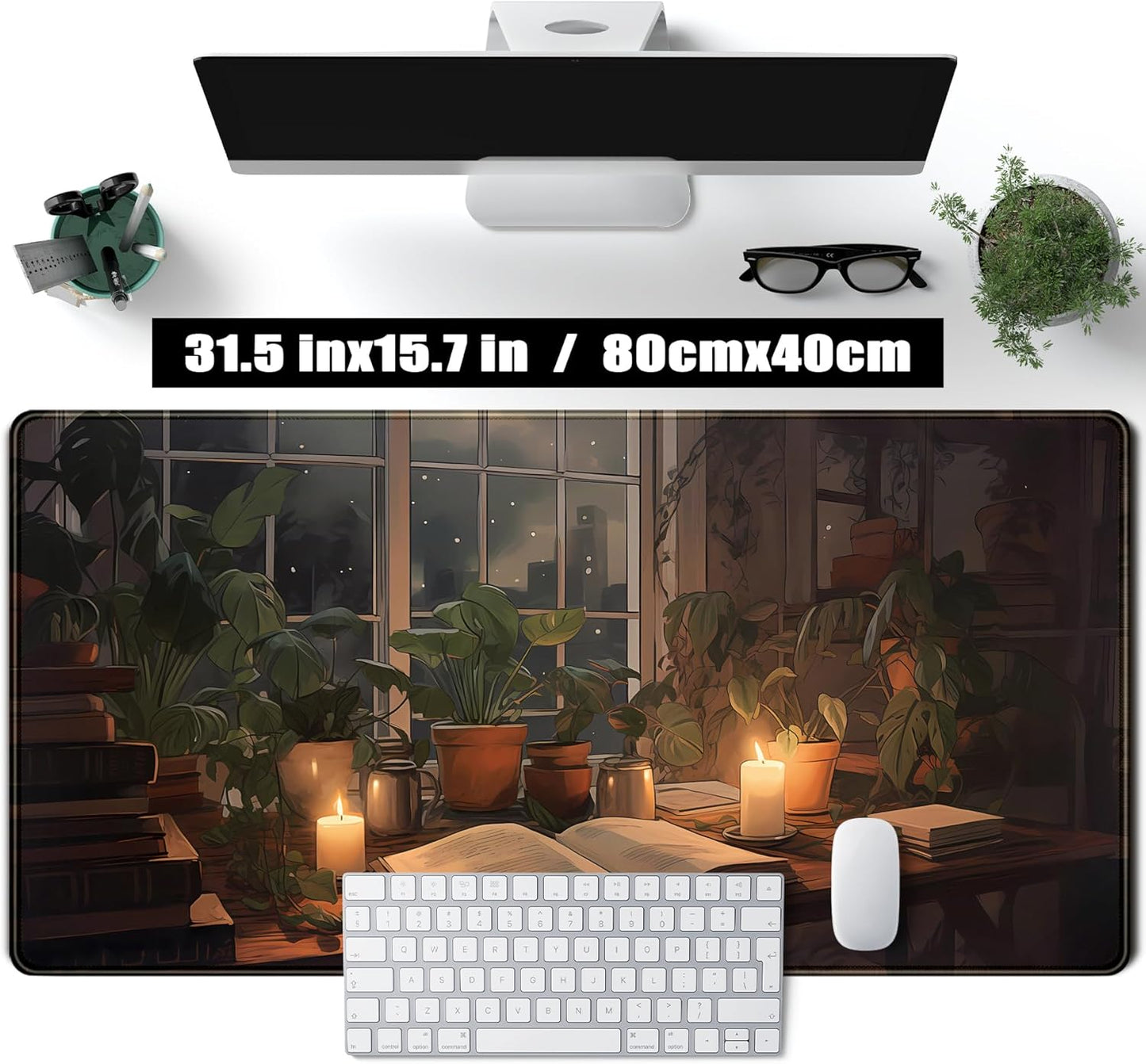 Cute Book Lover Desk Mat Dark Academia Mouse pad XXL Large Extended Mousepad Gaming Desk Pad with Stitched Edges, Cozy Lofi Deskmat Laptop Computer Keyboard and Mouse Mat Decor Pad, 31.5x15.7 in