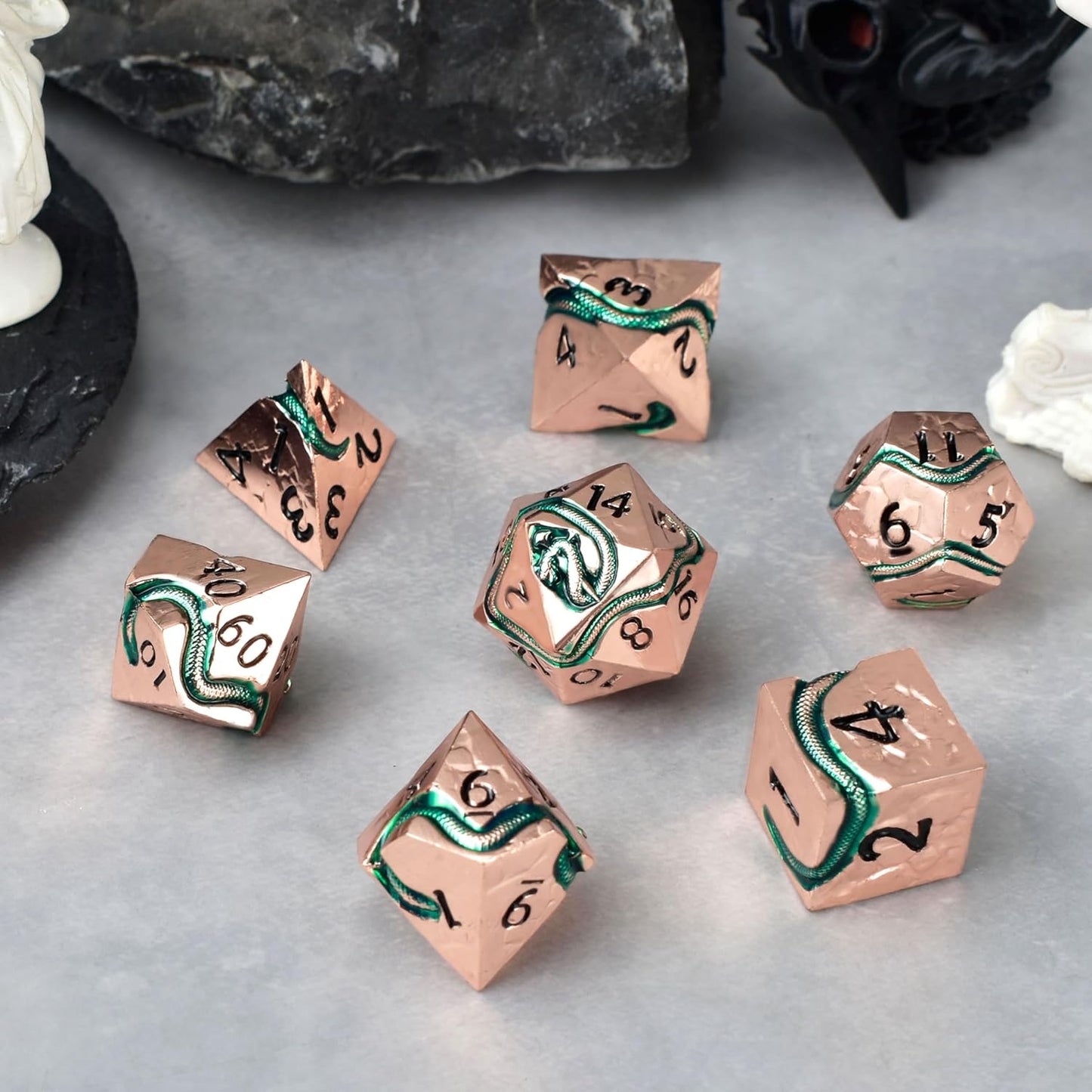 RULE DICE Serpent's Embrace Metal DND Dice Set - 7pc Polyhedral D&D Dice for TTRPGs Like Dungeons and Dragons and Pathfinder - Emerald Green Snake Design, Heavy & Balanced for Tabletop Gaming