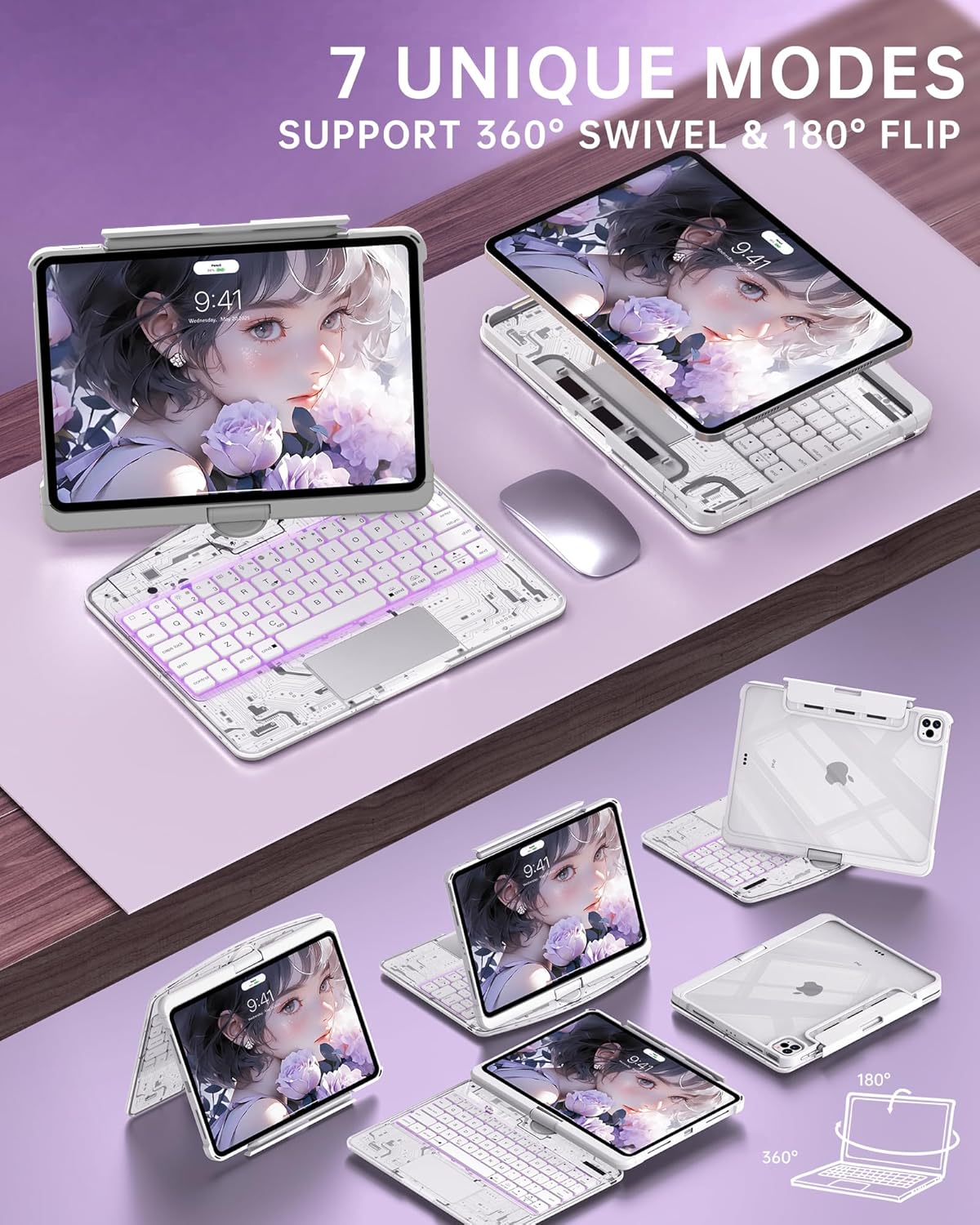 Intermerge Clear Keyboard Case for iPad Air 13" (M3/M2, 2025/2024) & Pro 12.9" (2022-2018) - 360° Rotatable Trackpad, RGB Backlit Keyboard, Pencil Holder, Power Indicator, Type-C, Frost Pulse