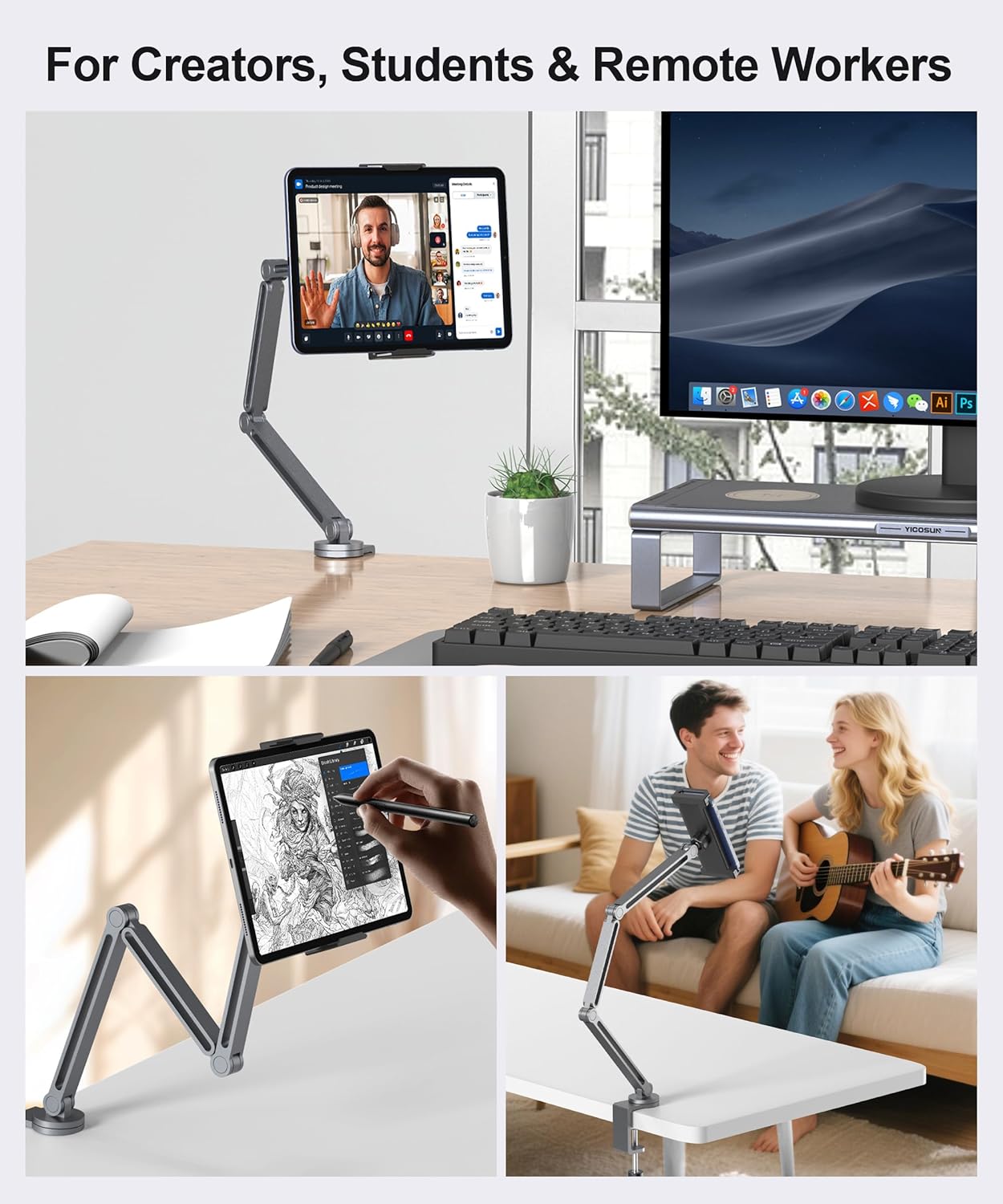 Tablet Arm Mount with Super Grip, Adjustable Foldable Holder & Heavy Duty Aluminum 360° Rotating Clamp for iPad, Phone, Monitor, Kindle - Universal for Desk, Bed, Kitchen - Gray