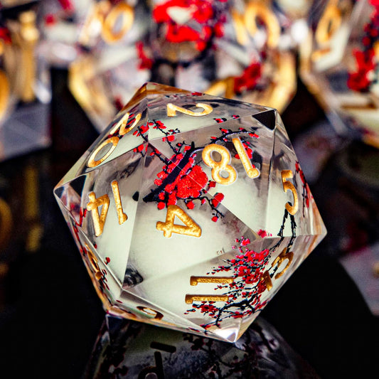 Plum Blossom DND Dice Yellow Noctilucent Liquid Core Dice Set with Metal Box, Handmade Sharp Edge Dice D and D Polyhedral Dice for use with D&D RPG Role Playing Game