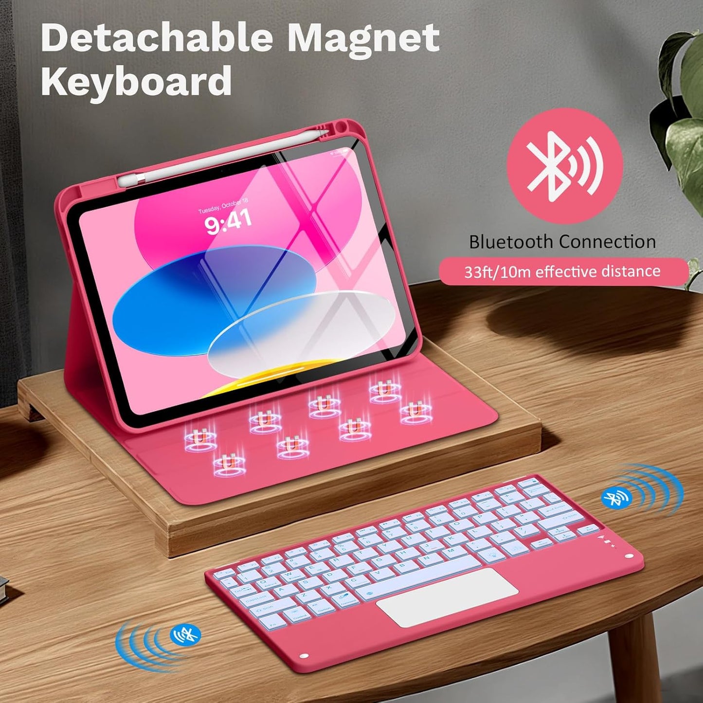 MoKo Touch Keyboard Case for iPad (A16) 11th Generation 11 inch 2025, iPad 10th Generation 10.9 inch Case with Pencil Holder, 7 Colors Backlit Multi-TrackPad Detachable Bluetooth Keyboard, Pink