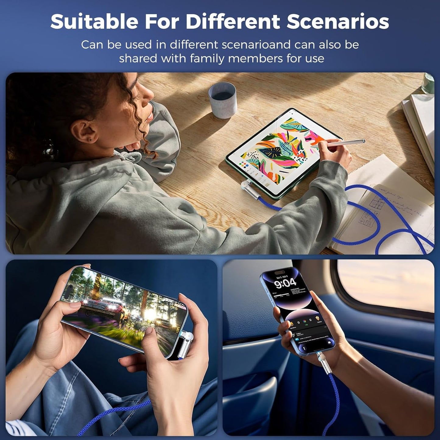 USB C to USB C Cable 6.6ft,240W 2-Pack Braided 180°Rotating Type C Charging CableFast Charge for iPhone 15/16/16Pro/16Plus/16ProMax,MacBook Air,iPad Pro,Pixel,Samsung Galaxy S23/S24 Ultra-Blue