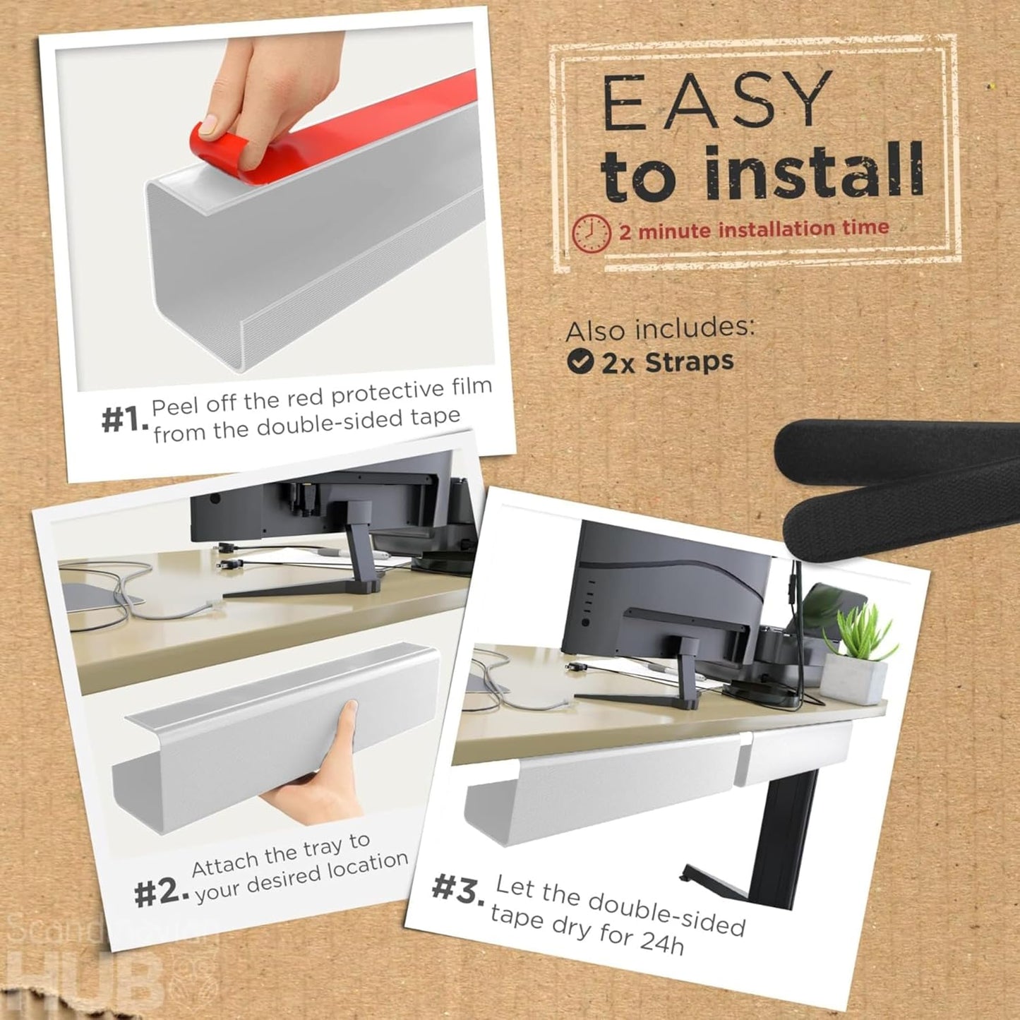 No-Screw Under Desk Cable Management Tray - Self-Adhesive Installation, Cord Management, Cable Tray, Under Desk Wire Organizer - White Single Tray