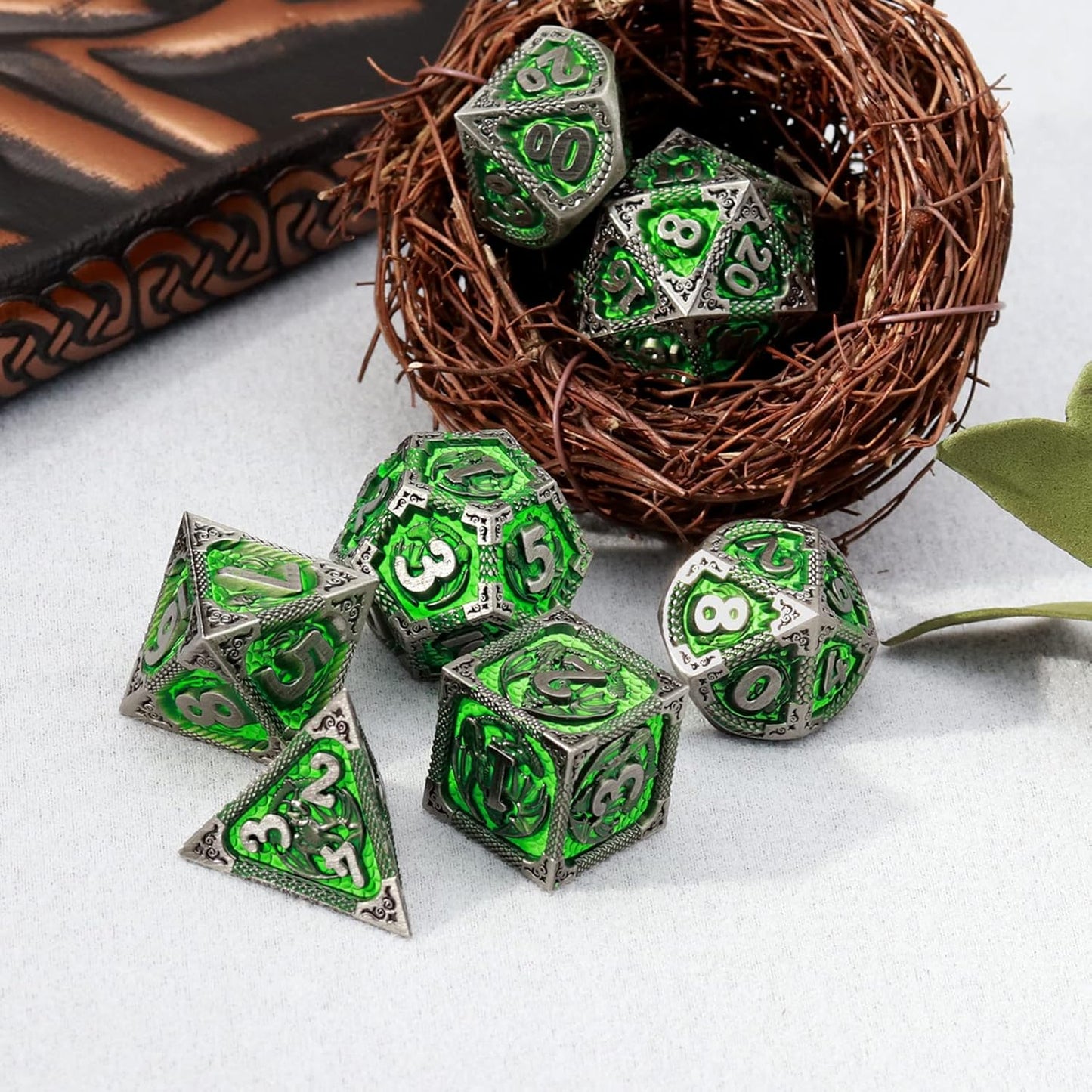 PJOY D&D Dice Set Metal DND Green Dice with Case Compatible with Dungeons and Dragons Ranger Gifts