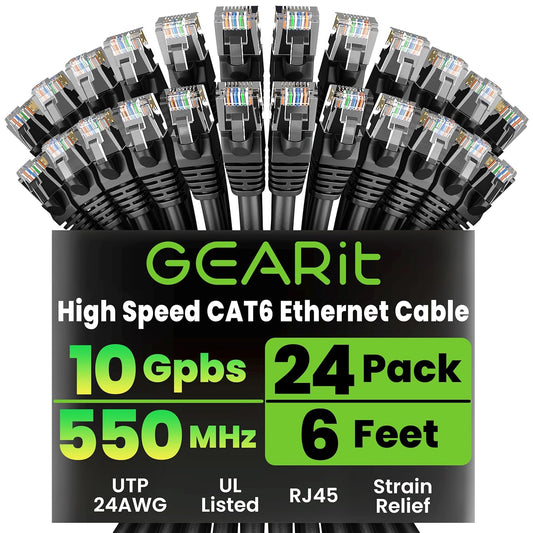 GEARit Cat 6 Ethernet Cable Pack - 24-Pack 6 ft Cat6 Ethernet Patch Cables | RJ45 Network Patch Cable, 10 Gbps Snagless Gold-Plated Connectors - Ethernet Cable Cat 6 for PC, TV, Router - Black