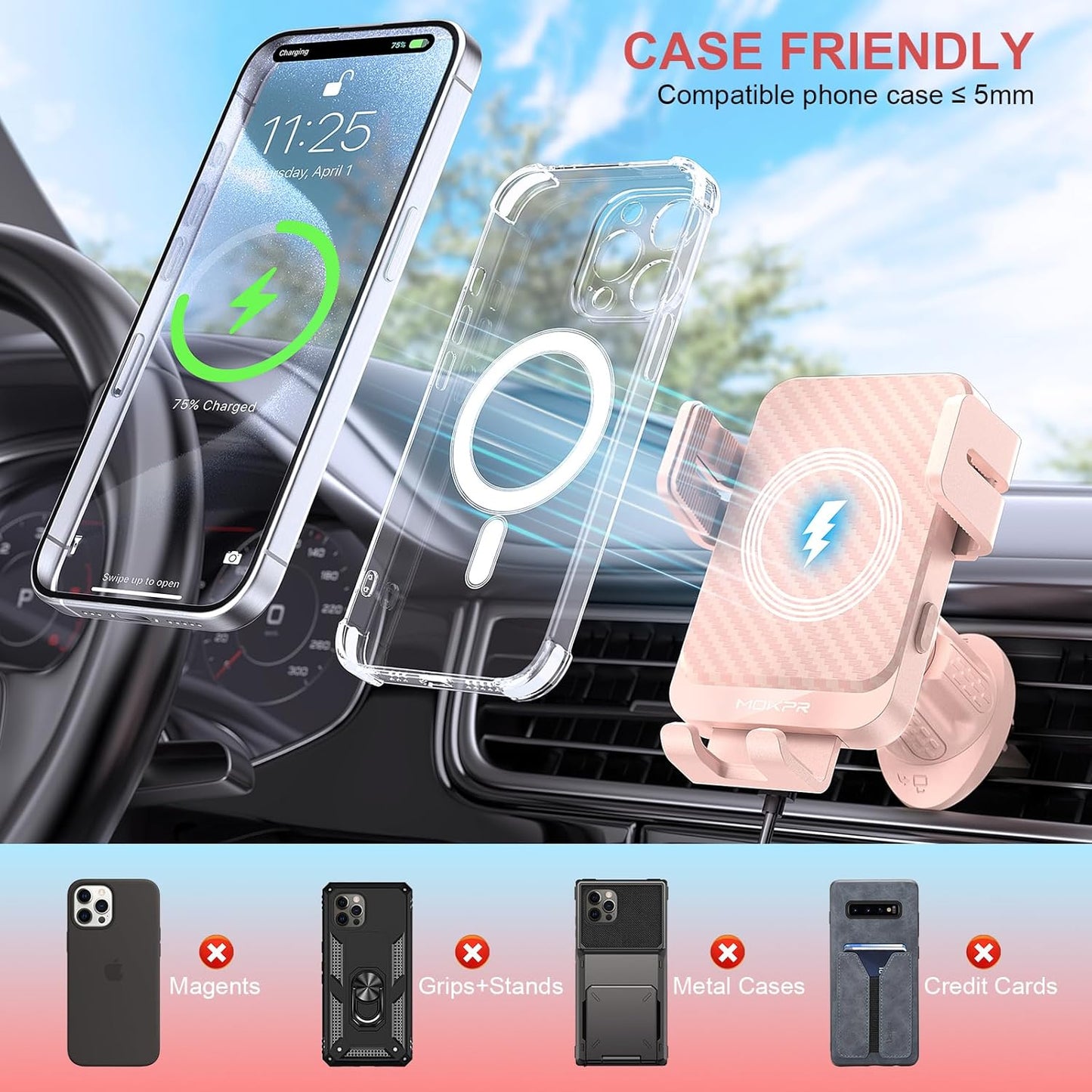 Wireless Car Charger, MOKPR 15W Fast Charging Auto-Clamping Car Charger Phone Mount Air Vent Cell Phone Holder Compatible iPhone 16/15/14/13/13 Pro/12 pro/12/11, for Samsung Galaxy S23/S22/S21, Pink