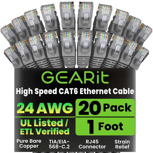 GearIT Cat 6 Ethernet Cable (20-Pack 1 Foot) Cat6 Network Patch, 10Gbps, RJ45, Snagless Cord, Gold-Plated Connectors, Internet for PC, TV, Tablet, Router, Printer, Servers, IT Data Center - Gray