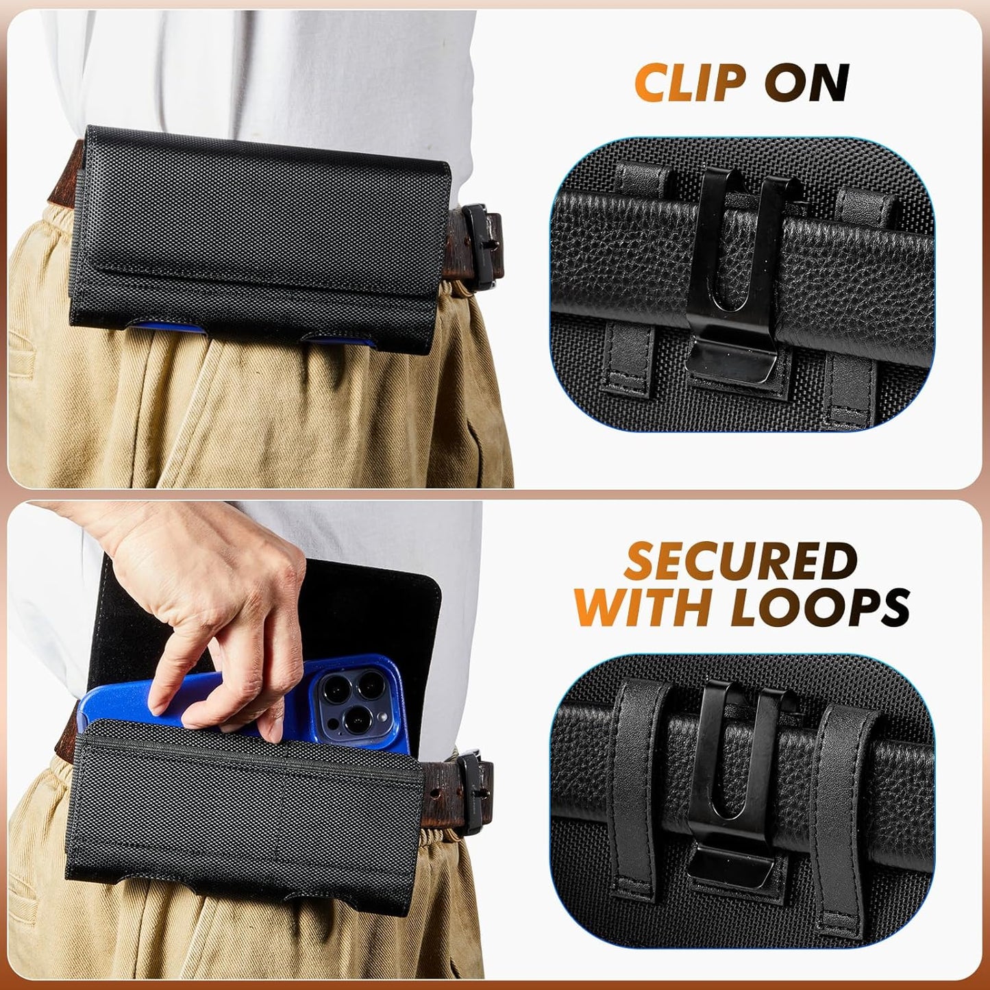 BECPLT Nylon Belt Holster Case for iPhone 12-16 Pro & Galaxy S20-S24 - Cell Phone Pouch with Clip - Black