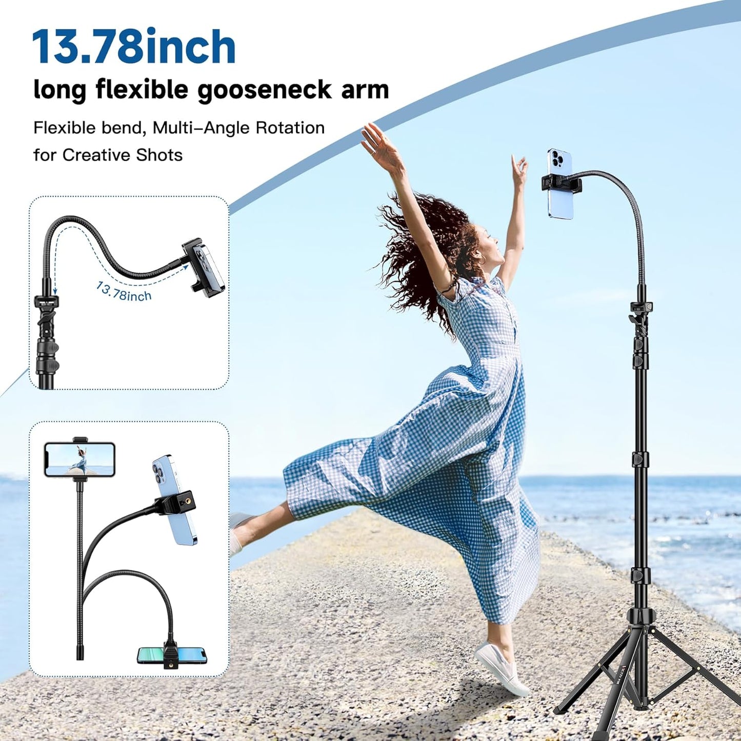 Phone Tripod Stand, 85" Tall Cellphone Tripod for iPhone with Gooseneck Remote, Flexible Portable Phone Stand for Recording, Compatible with iPhone 14 13 12 pro Android Camera