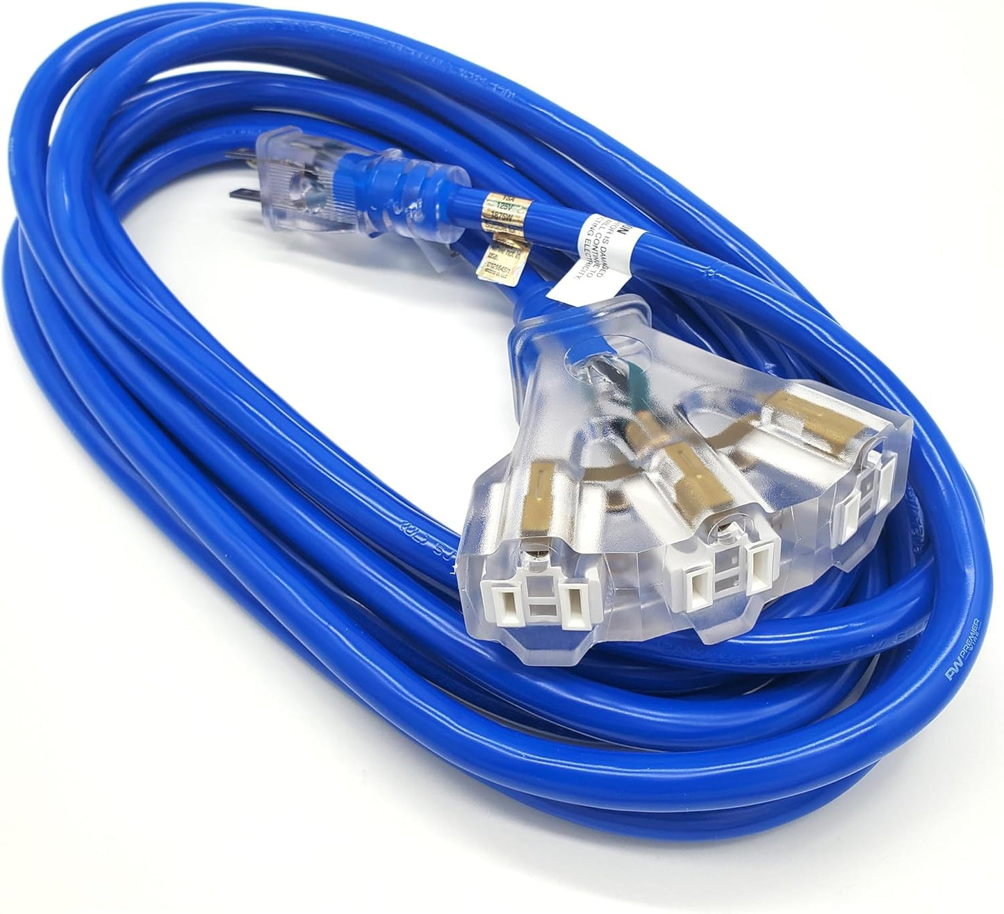10 ft - 12 Gauge Heavy Duty Extension Cord - Lighted on Both Ends - SJTW Blue - Outdoor Extension_Cord Waterproof 10 ft by Premier Wire - 15 Amp ExtensionCord (10 Foot 12-Awg Power Cord Blue)