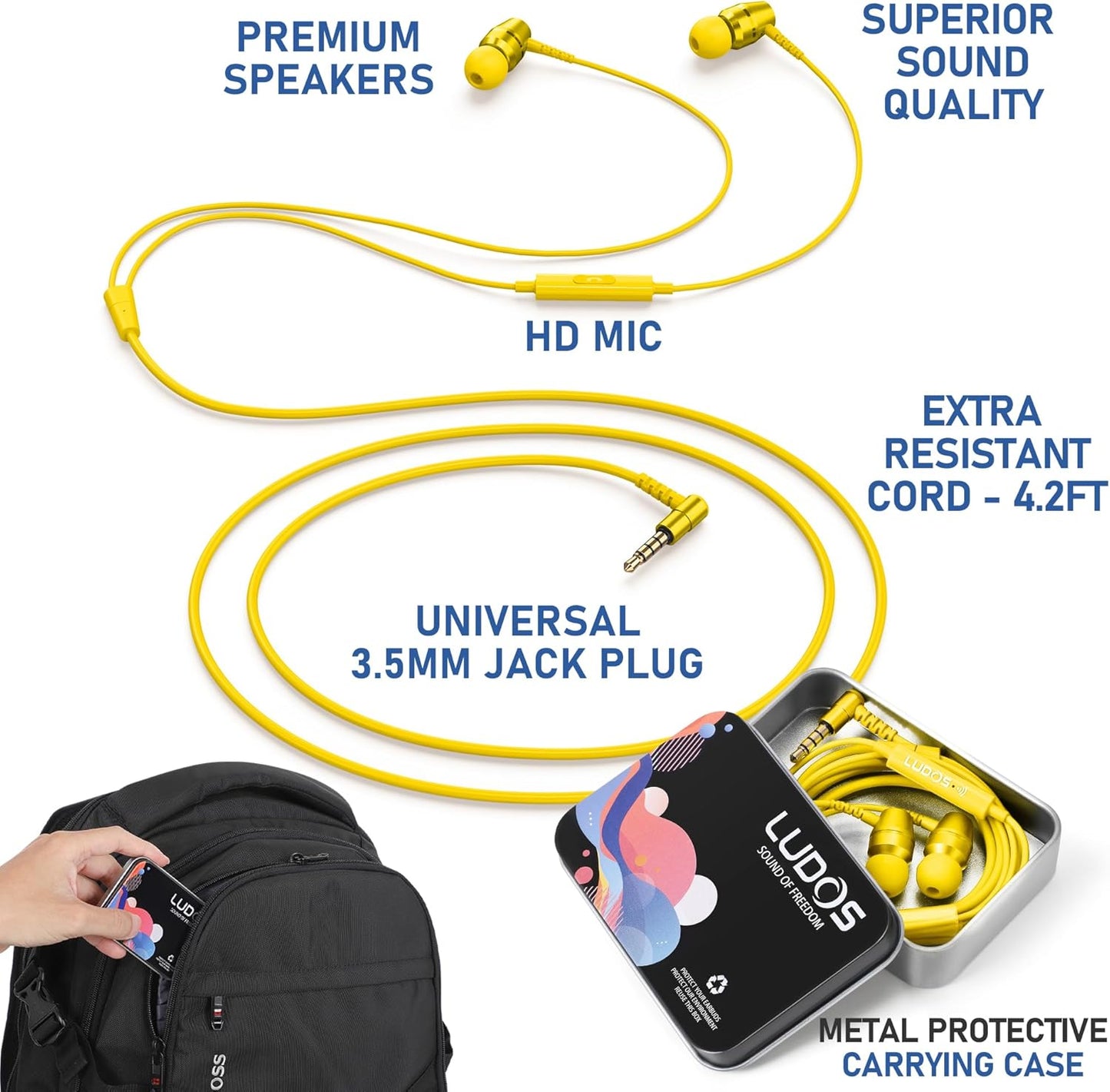 LUDOS OMNITONE Wired Earbuds in-Ear Headphones, 5 Years Warranty, Earphones with Microphone, 3.5 mm Jack Corded Ear Buds, Videoconference for iPhone, Samsung, Laptop, Kids, School Students - Yellow