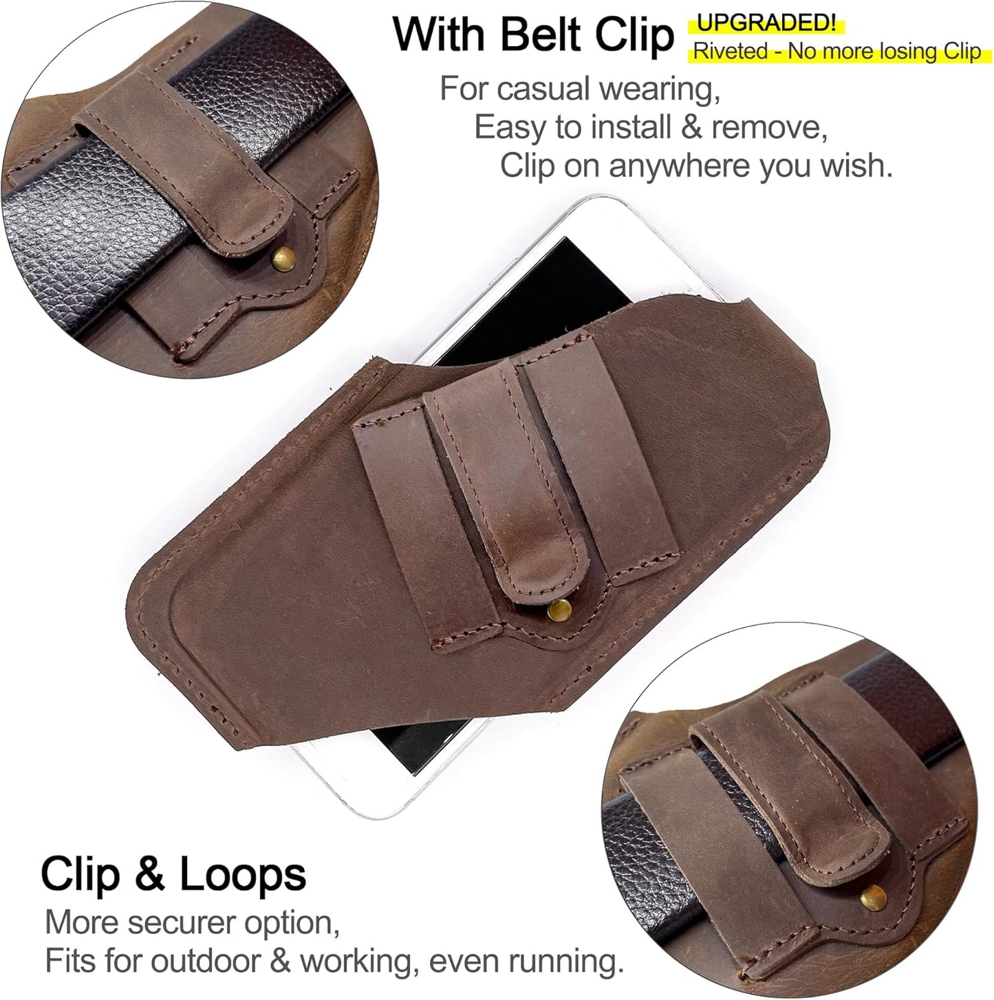 TobbinGear Leather Cell Phone Holster with Belt Clip, Leather Belt Pouch, Universal Phone Case on Belt for Men, Phone Holder for Smartphone, Left Handed, Dark Brown, Large