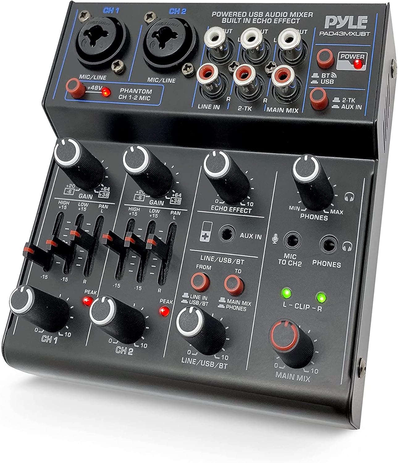 Pyle Professional Wireless DJ Audio Mixer - 4 Channel Bluetooth Controller Sound Mixer, USB Audio Interface, 2 Combo Jack XLR+6.35mm Mic/Line/Guitar in, 3.5mm, RCA AUX, Headphone Jack - PAD43MXUBT