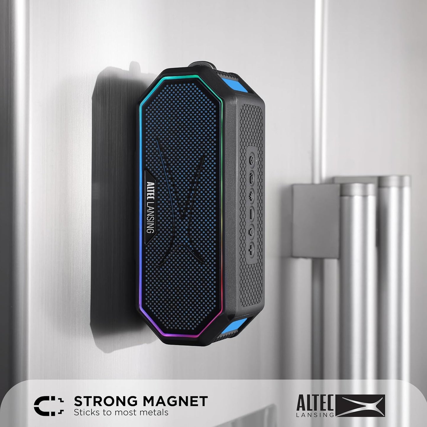 Altec Lansing Magnetic Bluetooth Speaker HYDRAJOLT 2.0, Waterproof IP67, 12W Output Power, 16H Battery, Multicolor LED, 100ft Wireless Range, Voice Assistant, USB-C Quick Charge