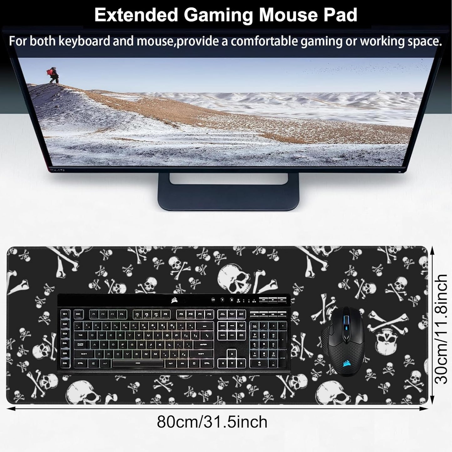 Skull Head Desk Mat,Large Pirate Skull Crossbones Gaming Keyboard Mouse Pad,Non-Slip Rubber Base Desk Pad Thick Stitched Edges Waterproof Mousepad Mouse Mat 31.5"x11.8"