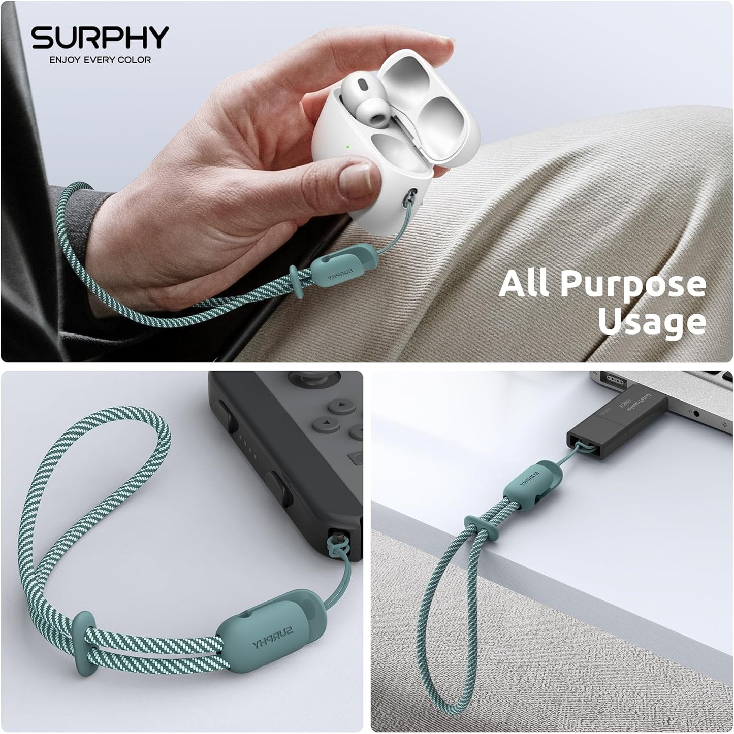 SURPHY 2 Pack Phone Lanyard for Cellphone Case, Phone Wrist Strap for Case, Cellphone Strap with 2-Color Braided, Charm Wrist Lanyard for Women and Men, Green & Gray