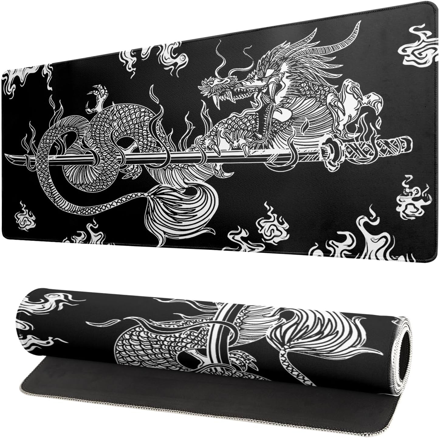 Dragon Gaming Mouse Pad - Black, Large (31.5x11.8 Inch), Non-Slip Base, Stitched Edge for Gaming & Office