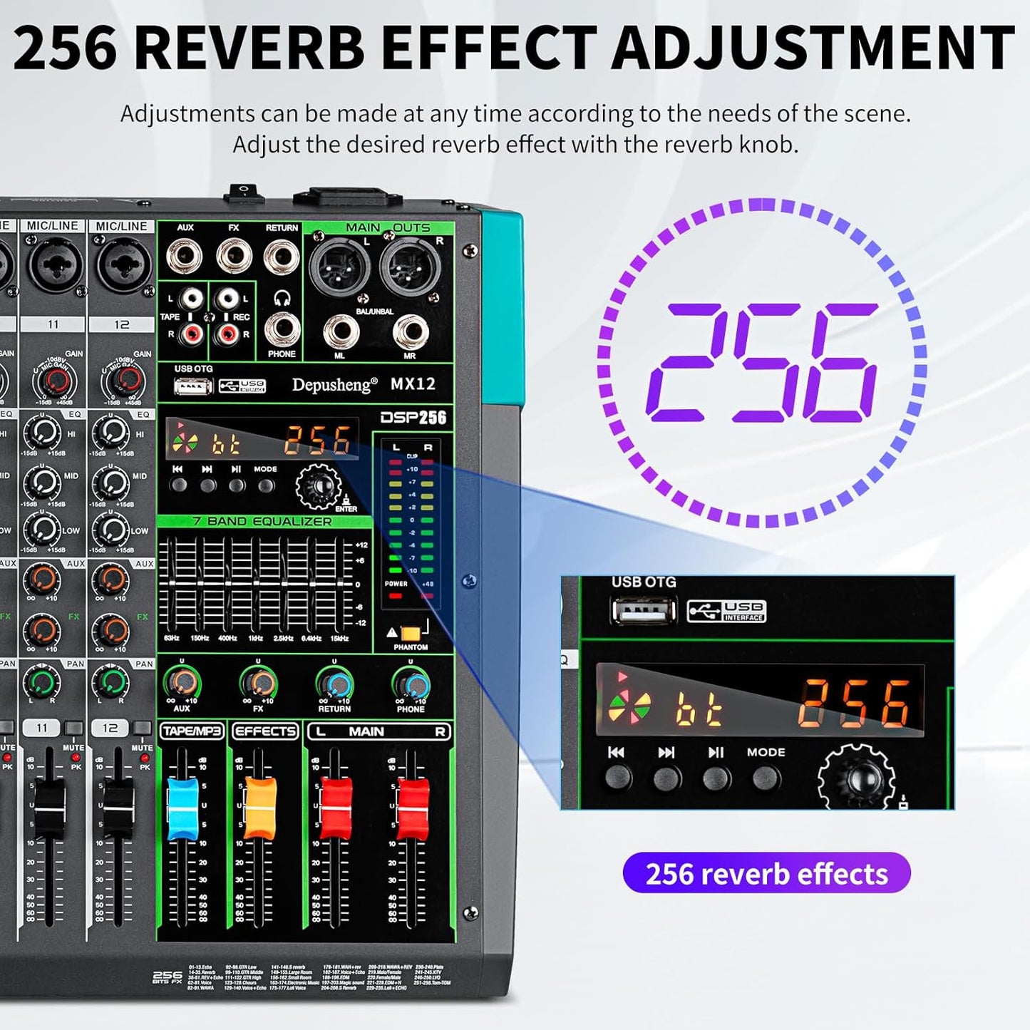 Depusheng MX12 12 Channel Sound Mixer Audio Mixing Console 48V 256DSP Professional USB PC Play Record Podcast Live Broadcast (US MX12)