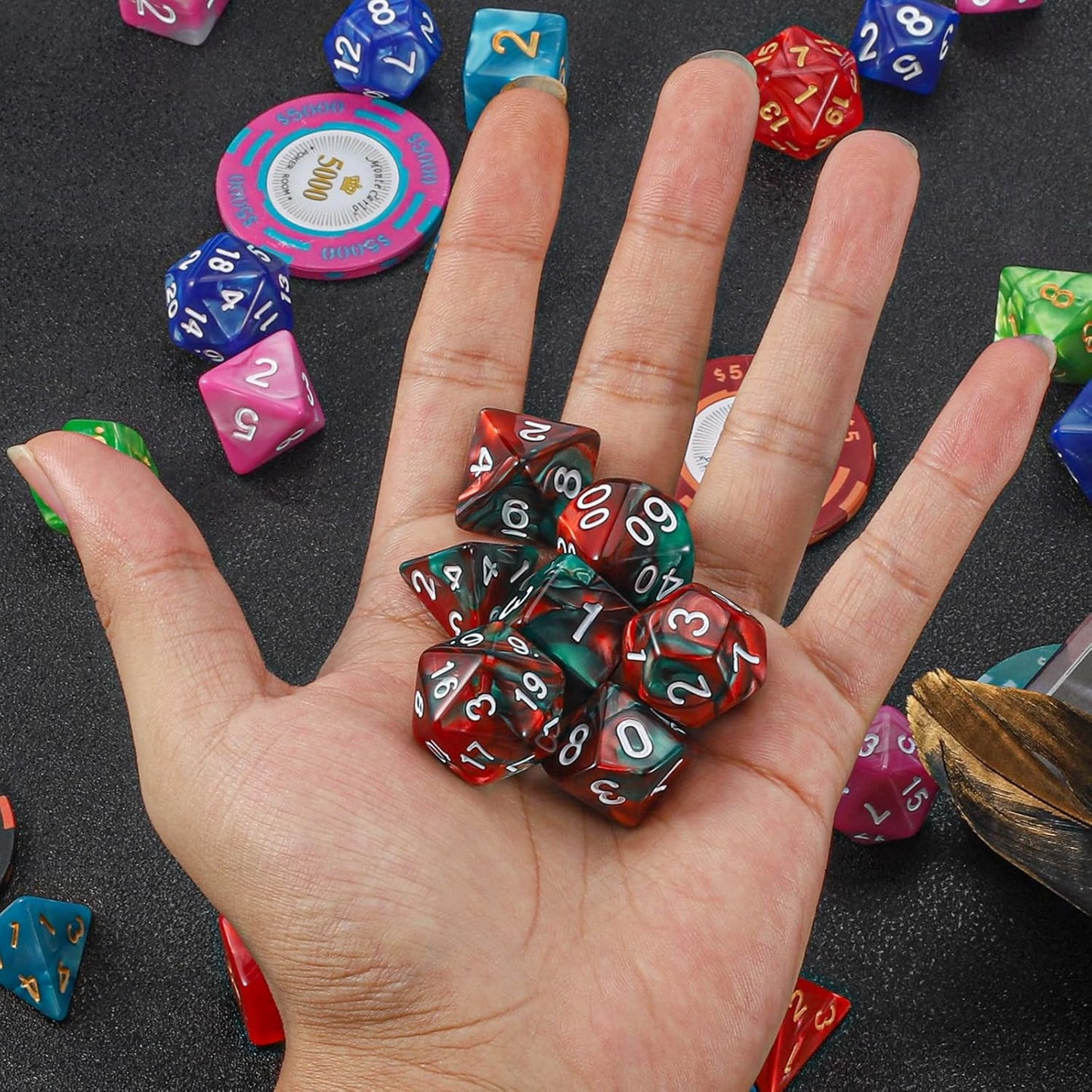 QMAY DND Dice Set - Polyhedral Dice (Red Mix Green) 7 Pcs for Dungeon and Dragons D&D RPG Role Playing Games Dice with Dice Bag