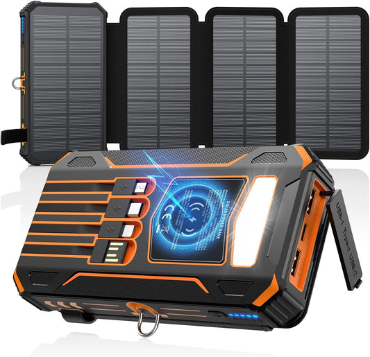 SOARAISE-Solar-Charger-Power-Bank - 48000mAh Wireless Portable Charger Built-in 4 Cables and 4 Solar Panels, PD QC 3.0 Fast Charging USB C Battery Pack with Flashlight for Camping Travel