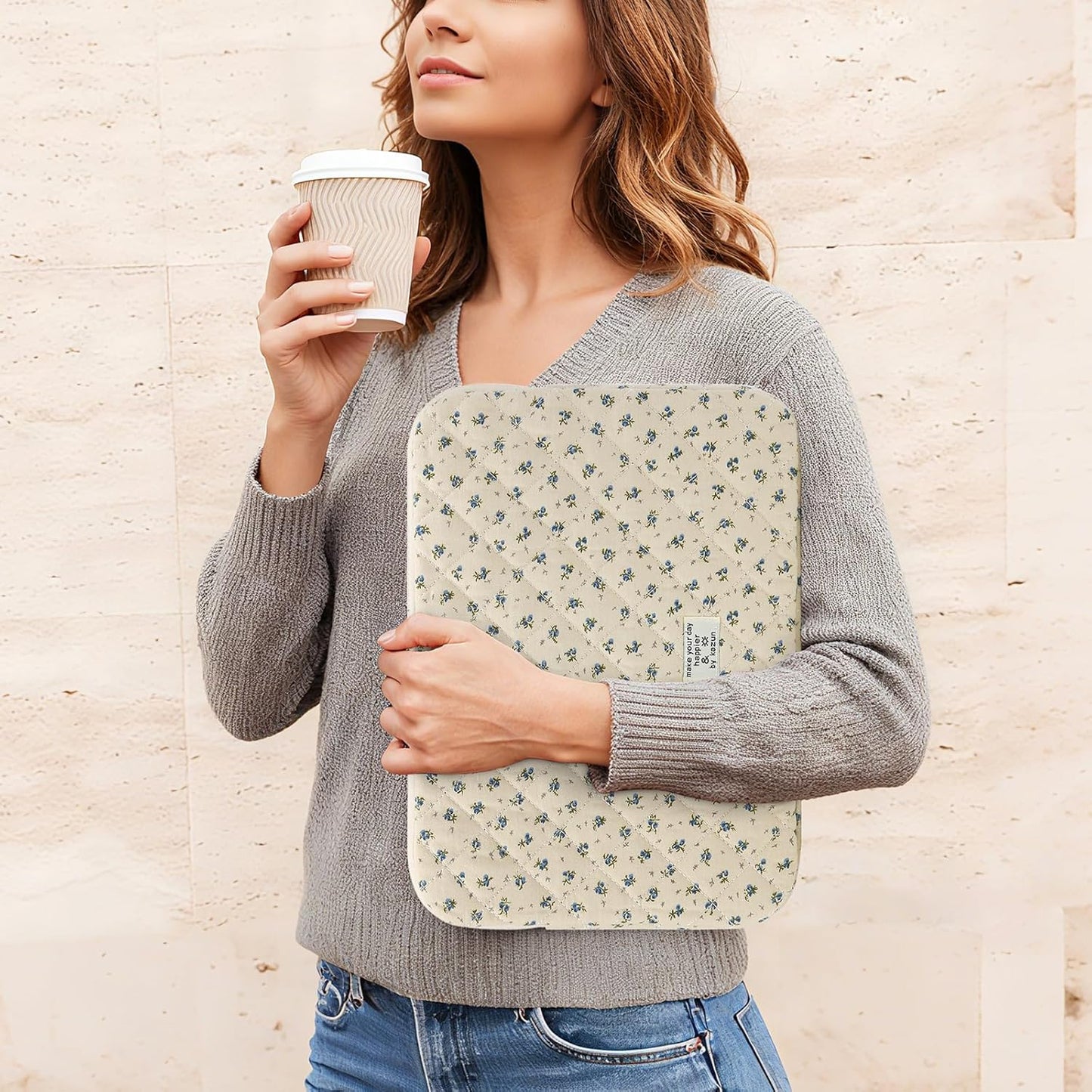 Puffy Laptop Sleeve 13-15.6 Inch Cute Quilted Laptop Protective Case Padded Floral Computer Sleeve for MacBook (A-Blue, 15 Inch)