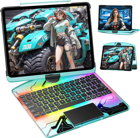 KITONE Transparent Case with Wireless Keyboard only for 2024 iPad Pro 13-in.(M4), 7 Colors Backlight, Trackpad, 360°Rotating Stand for iPad Pro 13, Tech Style