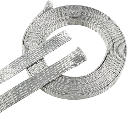 Tinned Copper Metal Braid Sleeving Wire Shielding Sleeve Braided Copper Ground Straps EMI/RFI Interference Expandable Flat Mesh Shielding Cable for Protect Wire (1/2inch-22ft)