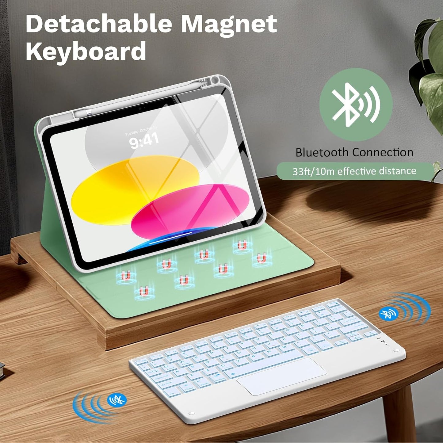 MoKo Touch Keyboard Case for iPad (A16) 11th Generation 11 inch 2025, iPad 10th Generation 10.9 inch Case with Pencil Holder, 7 Colors Backlit Multi-TrackPad Detachable Bluetooth Keyboard, Green