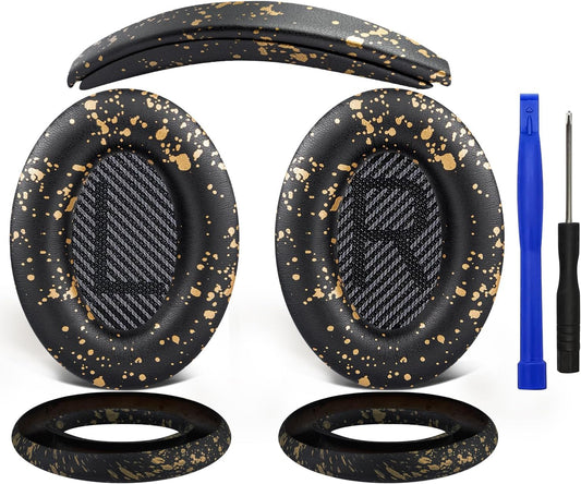 SOULWIT Ear Pads Cushions + Headband + Silicone Earpads Cover Protector, Replacement Kit for Bose QuietComfort 35 QC35, QC35 ii Over-Ear Headphones - Black Gold