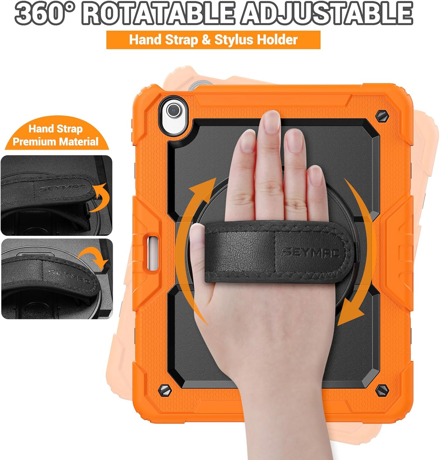 SEYMAC for iPad Air 13 Inch Case M3 2025/ M2 2024, Heavy Duty Shockproof Protective Case with Screen Protector, 360° Rotating Stand, Hand/Shoulder Strap and Pen Holder for iPad Air 13, Orange