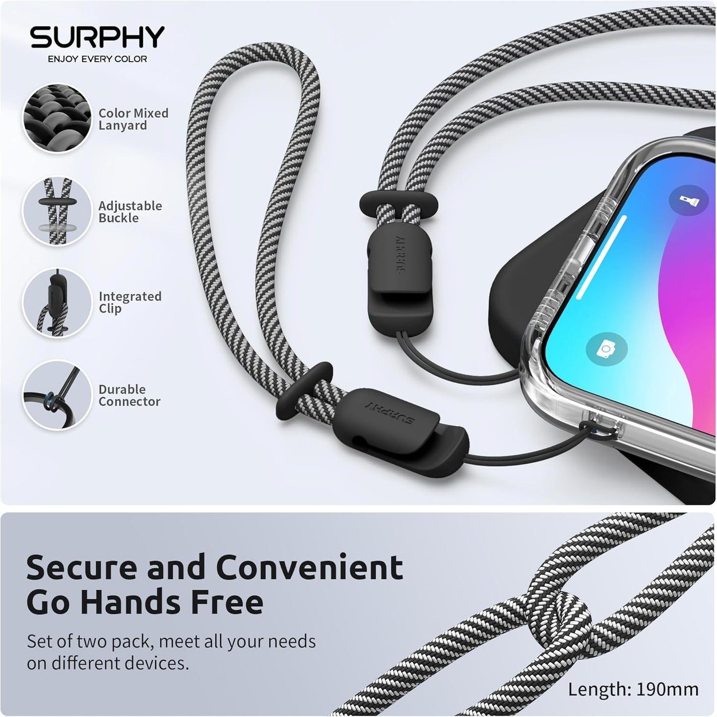 SURPHY 2 Pack Phone Lanyard for Cellphone Case, Phone Wrist Strap for Case, Cellphone Strap with 2-Color Braided, Charm Wrist Lanyard for Women, Cellphone Wrist Lanyard for Women, Black & Black