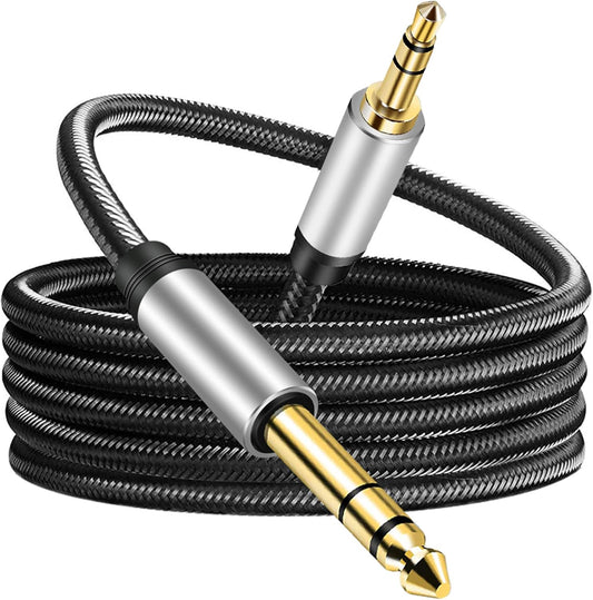 3.5 mm to 6.35 mm Audio Cable 10Ft, Gold-Plated Terminal Silver Color Zinc Alloy Housing 3.5mm 1/8" Male TRS to 6.35mm 1/4" Male TRS Nylon Braided Stereo Audio Cable for CellPhone, Amplifiers(10Ft/3M)