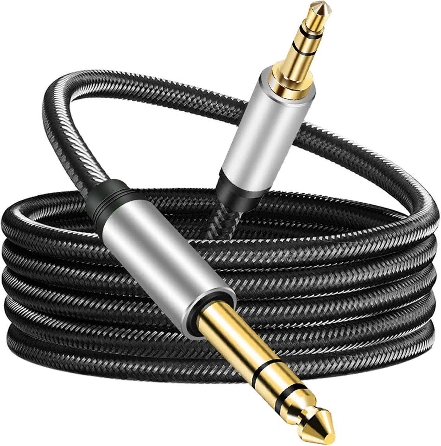 3.5 mm to 6.35 mm Audio Cable 25Ft, Gold-Plated Terminal Silver Color Zinc Alloy Housing 3.5mm 1/8" Male TRS to 6.35mm 1/4" Male TRS Nylon Braided Stereo Audio Cable for Cellphone, Amplifiers(25Ft/8M)