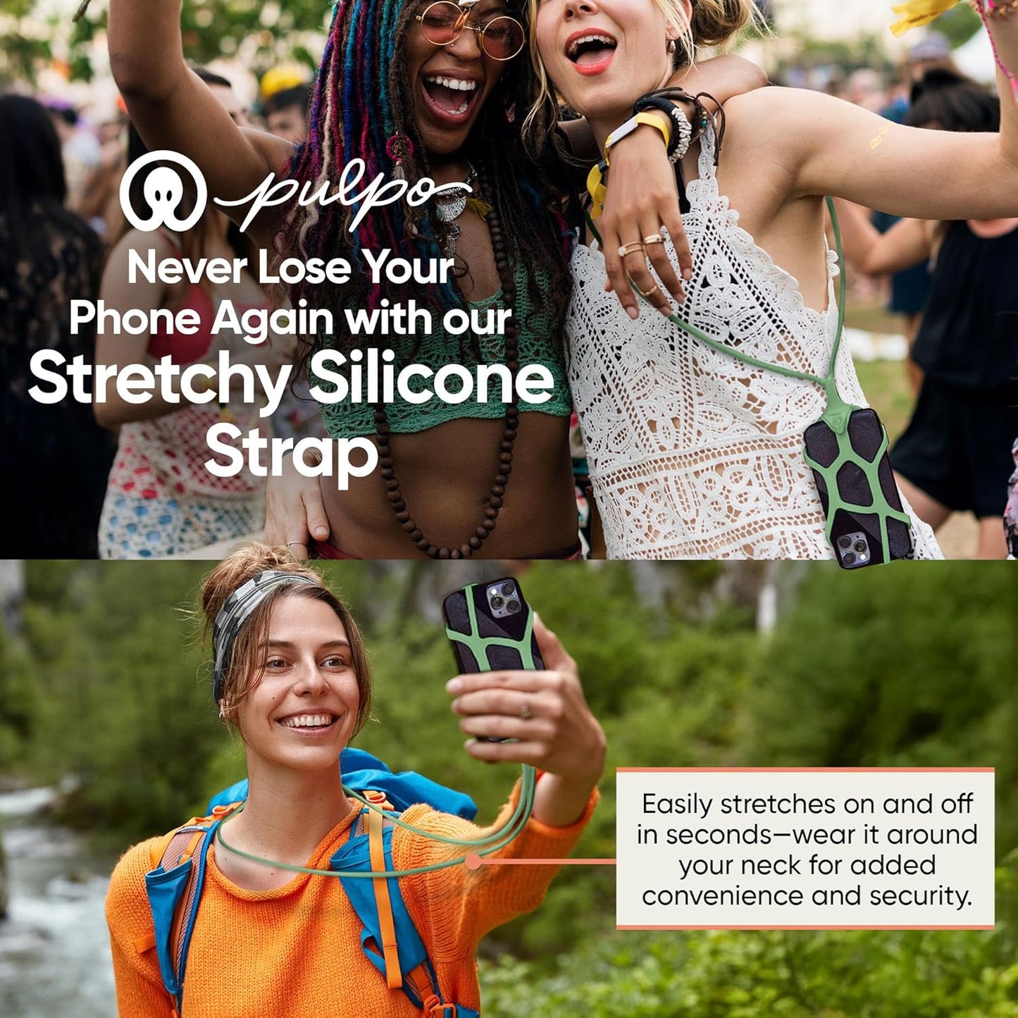 Pulpo Safety Cell Phone Lanyard Green Fits Smartphones 6.1 to 6.8” - Anti Theft Phone Strap for Men & Women, Lanyards for Phones, Hiking Phone Holder & Cellphone Lanyard, Silicone Crossbody Straps