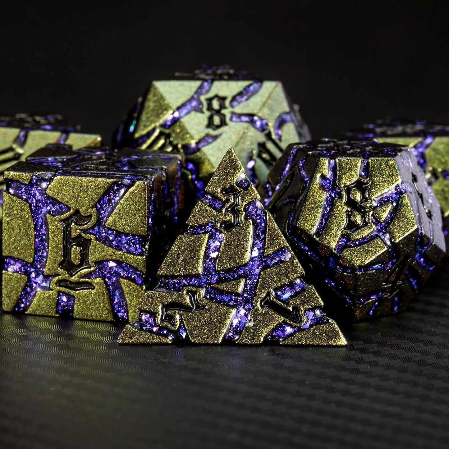 Dice Set D&D Metal,DND Metallic Glitter Crack Dice with Gift Box for RPG Board Games (Greenish Yellow Color + Purple)