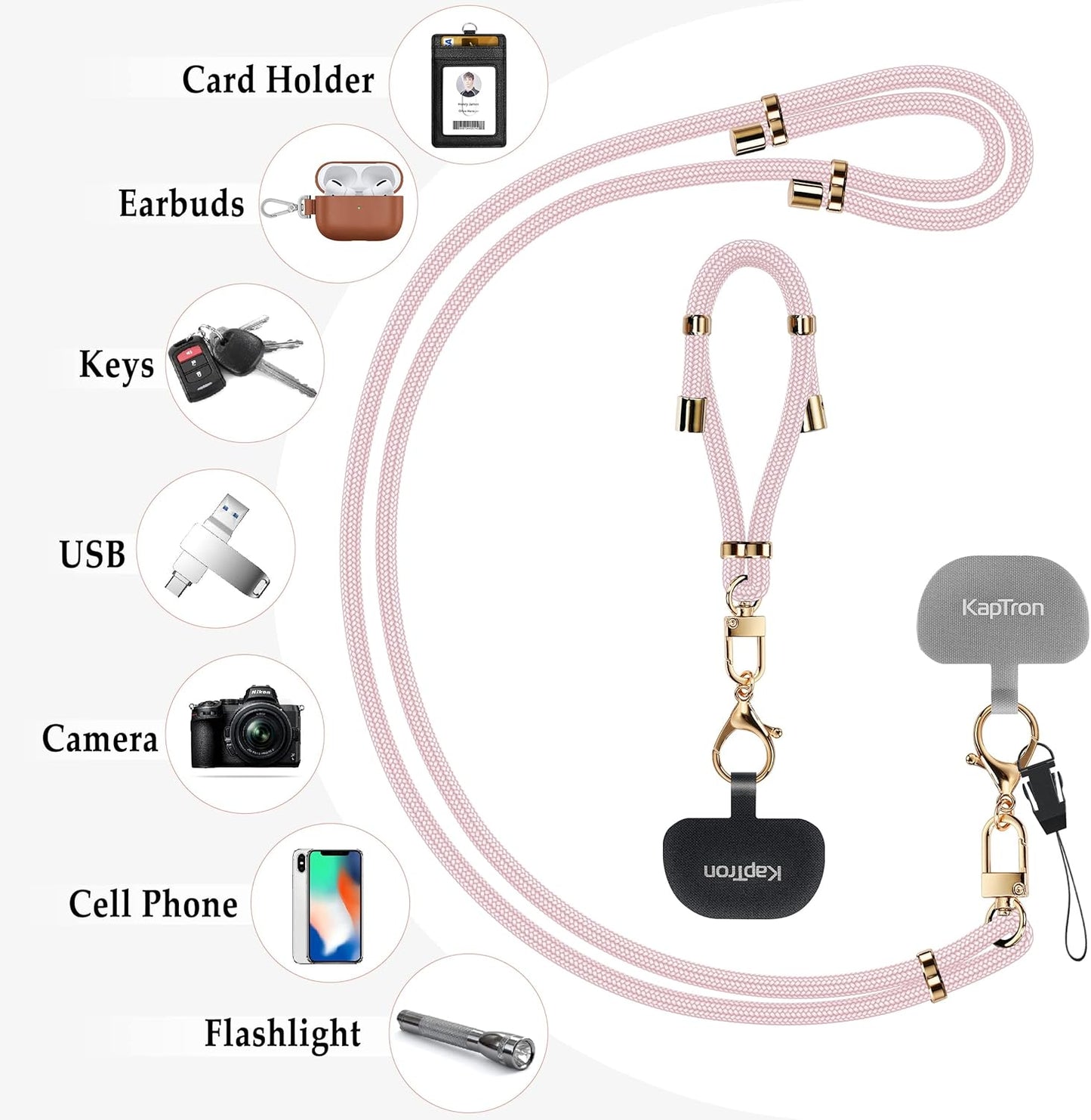 Universal Phone Lanyard With Adjustable Crossbody Neck Strap and Wristlet, 2 Lobster Clips, Tether Patches and Phone Straps (Pink, 2 Pack)
