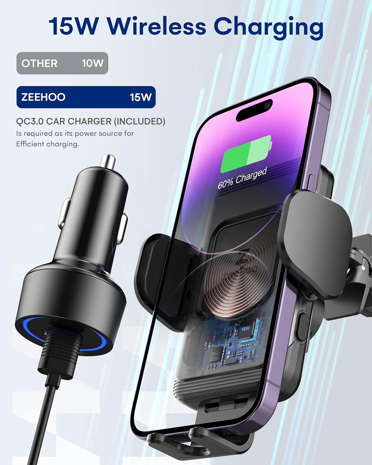 ZeeHoo Wireless Car Charger,15W Fast Charging Auto-Clamp Car Mount,Windshield Dash Air Vent Phone Holder for iPhone 14 13 12 Mini 11 Pro Max XS XR 8,S22 S21 S20(45W QC3.0 Adapter Included)