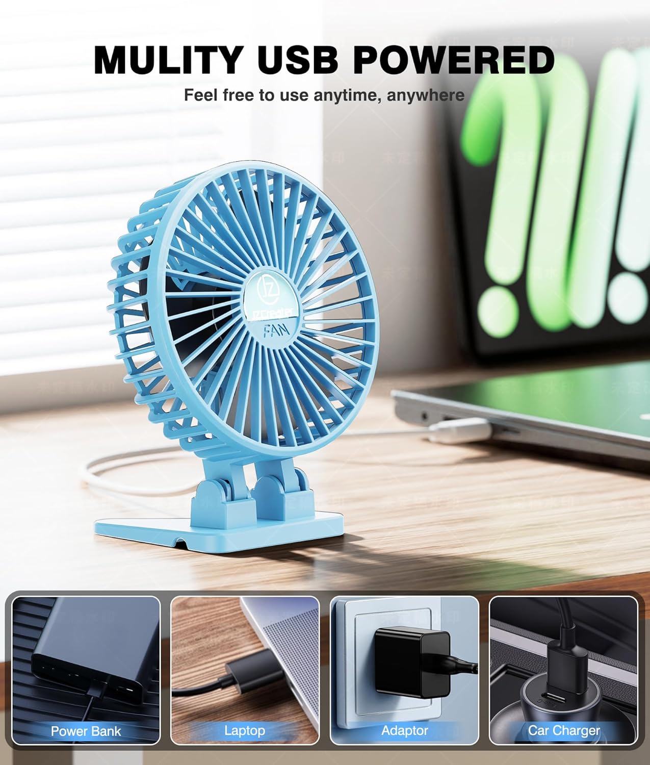 JZCreater USB Desk Fan, Portable Fan Mini, 3 Speeds Desktop Table Cooling, Plug in Power, Rotation Strong Wind, Quiet Personal Small Fan for Home Desktop Office Travel Bedroom, Sky Blue