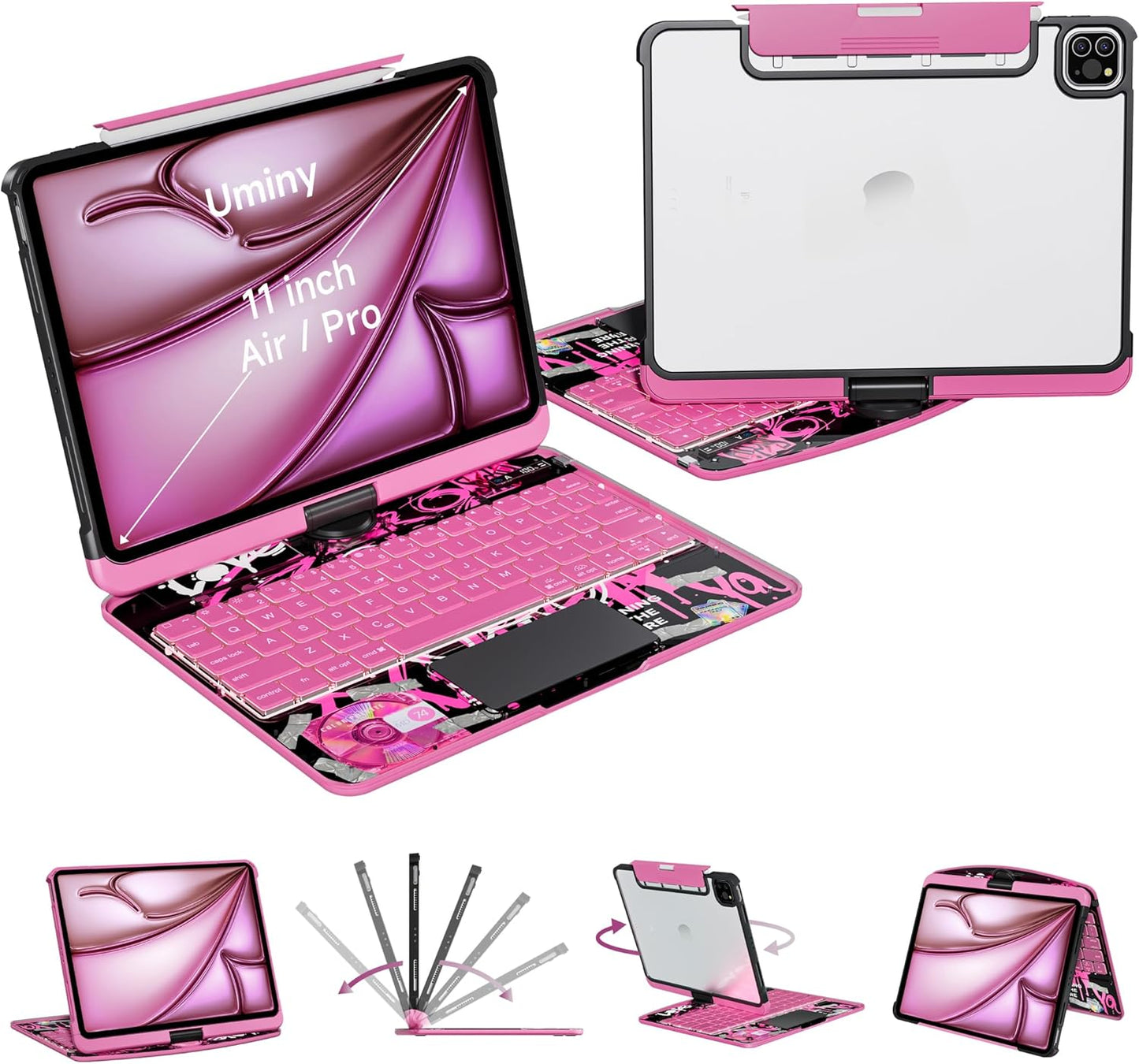 Keyboard Case for iPad 11 inch Pro 4/3/2/1st Gen & 11’’ iPad Air 2025 M3, 2024 M2 & 10.9" iPad Air 5th/4th Gen, 360° Rotating Stand Transparent Protective Cover with Pencil Holder (Pink)