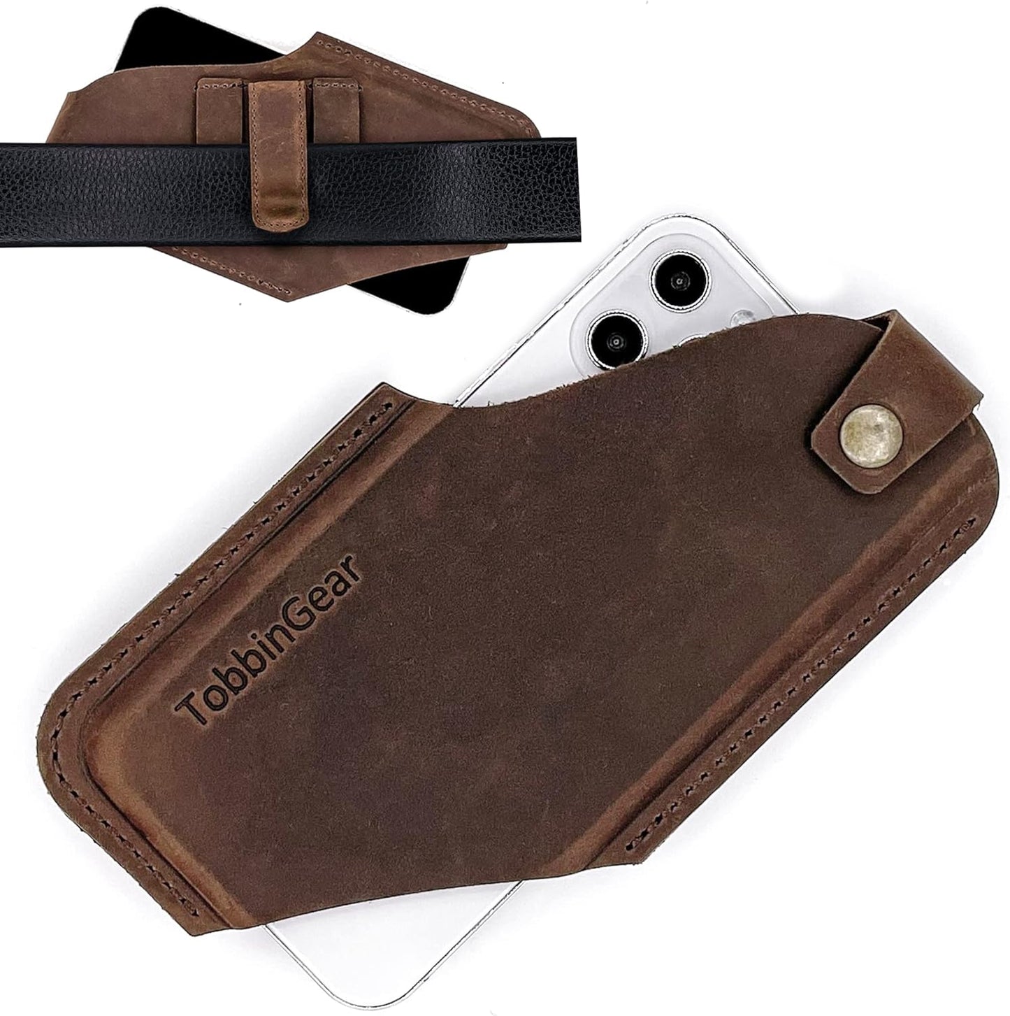 TobbinGear Leather Cell Phone Holster with Belt Clip, Universal Phone Holster for Men Belt Holder, Leather Case for iPhone, Samsung Galaxy Phones, Dark Brown, Large