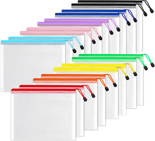 SUNEE Plastic Mesh Zipper Pouch 6x9 in (9 Colors, 18 Packs),Extra Large Water-Resistant Zip Bag for School Office Supplies, Puzzles & Games Organizing Storage
