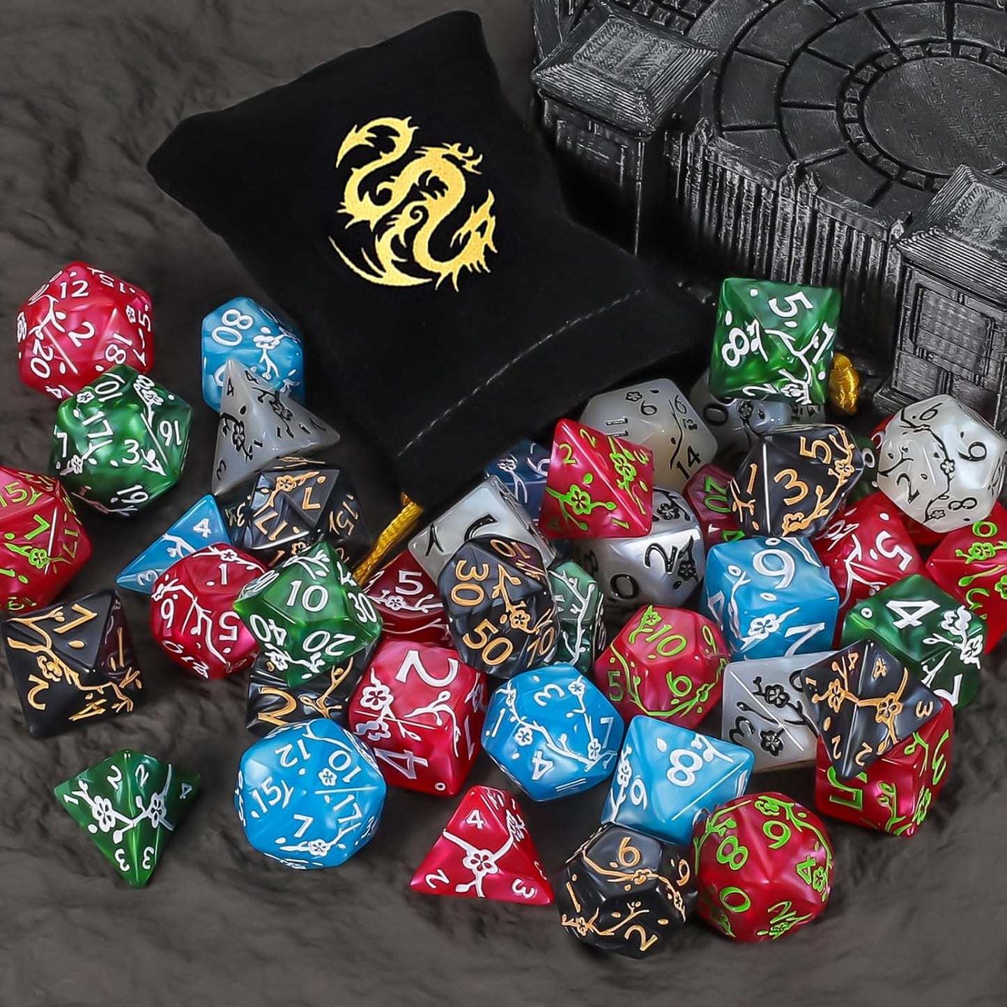 CiaraQ Polyhedral Dice Set (42pc) with 6 Drawstring Dice Pouches for Dungeons and Dragons RPG MTG Table Games. 6 Sets of Plum Blossom Pattern Role Playing Dice