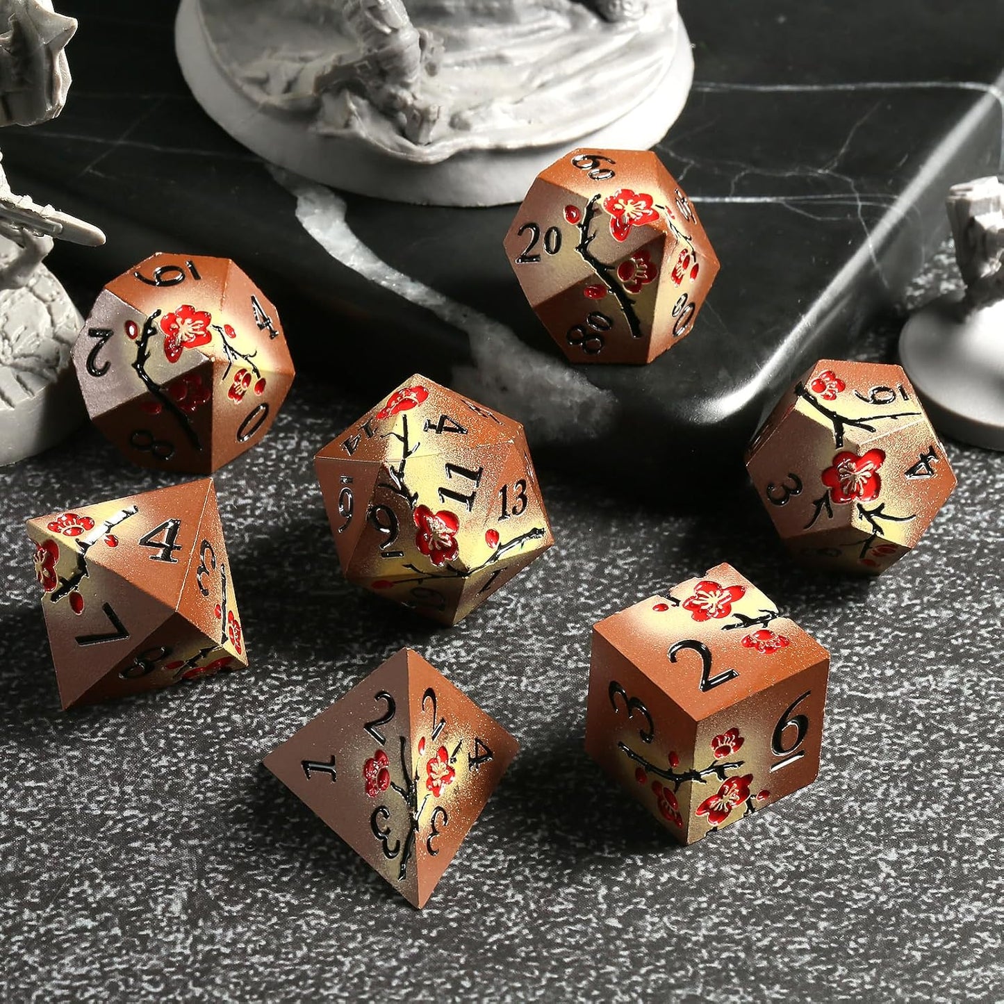 Metal Dice Set DND, DNDND 7 PCS Metallic Flowers D&D Dice with Gorgeous Gift Case for D&D Dungeons and Dragon Tabletop Game (Brown and Cream-Coloured)