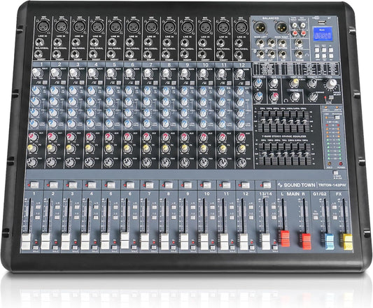 Sound Town 14-Channel 2x800W Powered Mixer w/ 2 Bus, DSP effects, USB, MP3, Dual 7-band EQ, Phantom Power (TRITON-142PW)