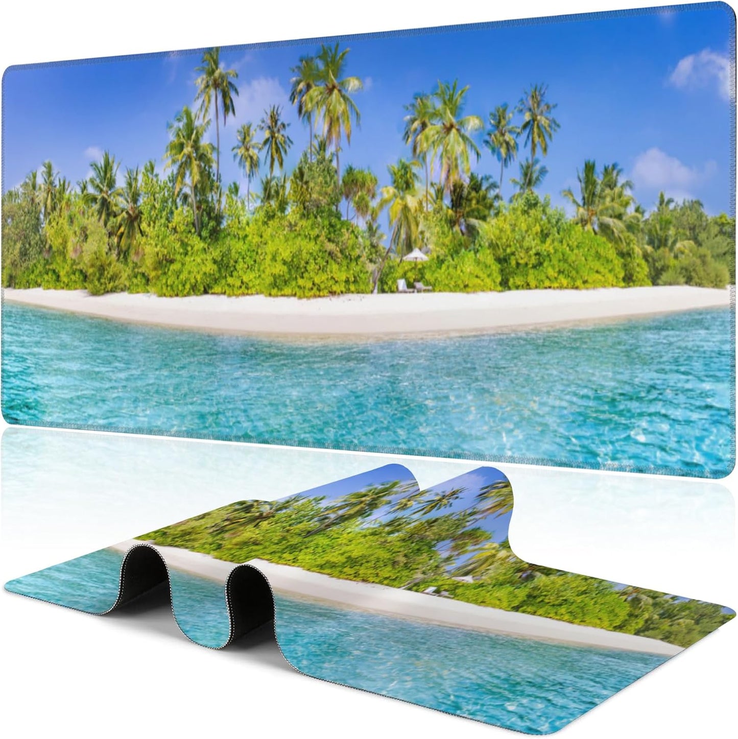 Tropical Nature Landscape Desk Mat,Large Summer Beach Seawater and Palm Trees Gaming Keyboard Mouse Pad,Non-Slip Rubber Base Desk Pad Thick Stitched Edges Waterproof Mousepad Mouse Mat 31.5"x11.8"