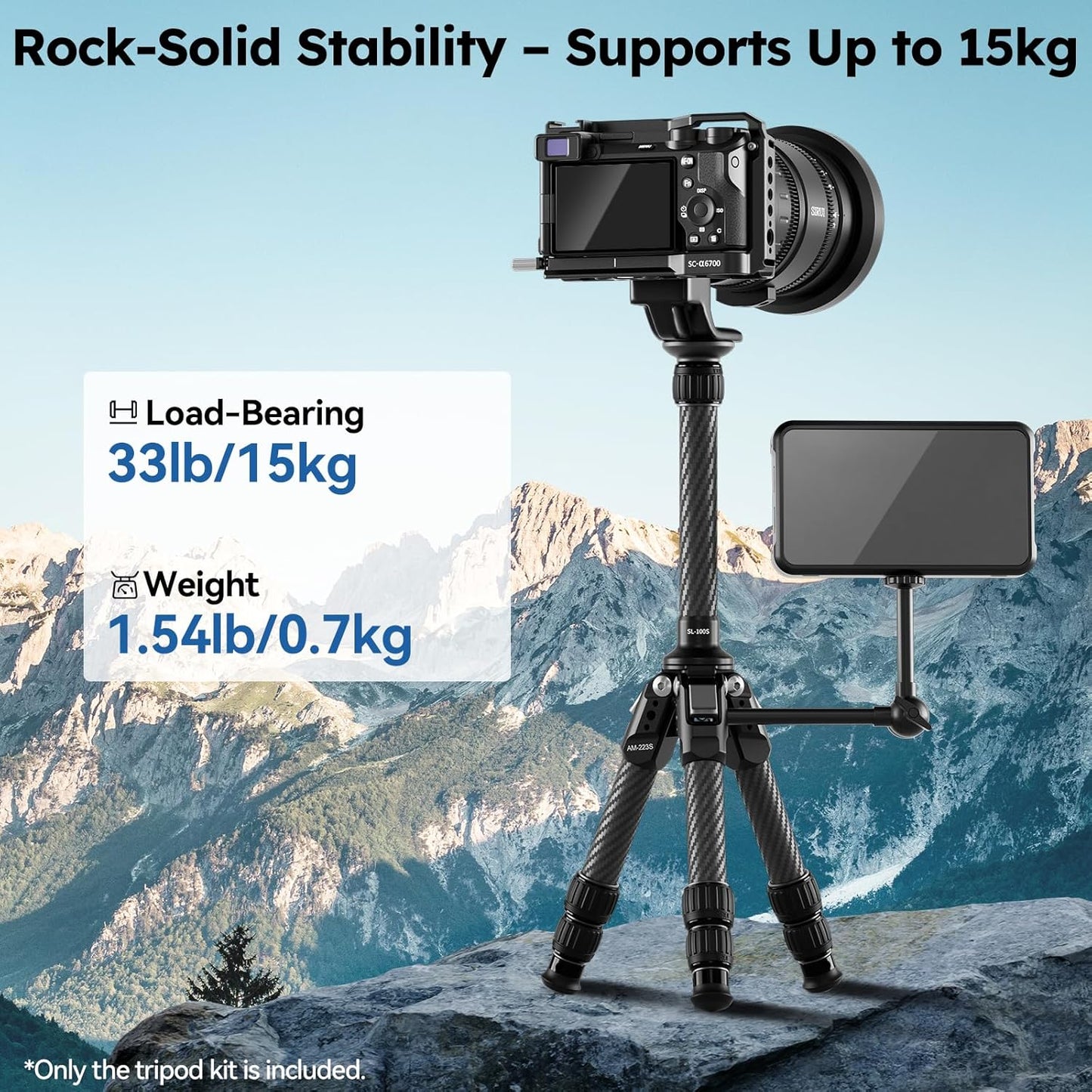 SIRUI Mini Carbon Fiber Tripod with Extendable Center Column, Max Height 26", Supports 33lbs - Ultra-Light 1.7lbs for Desk & Travel, New Anti-Corrosion Carbon Fiber(AM-223S+SL-100S)