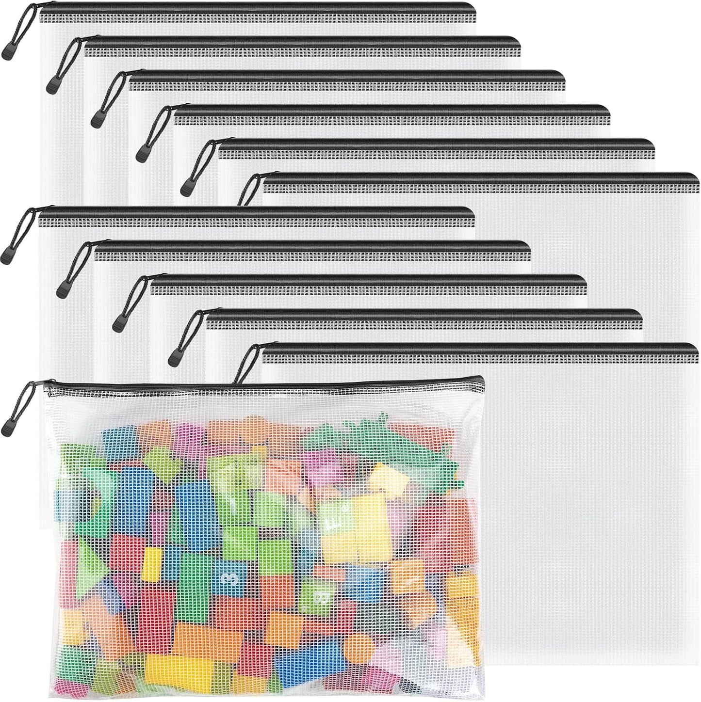 Umriox Mesh Zipper Pouch, 14.9x11.0 in (Black, 12 Packs), Extra Large Zipper Bags, Waterproof Zipper Pouches for Office Supplies, Puzzles, Board Game Storage & Cross Stitch Projects